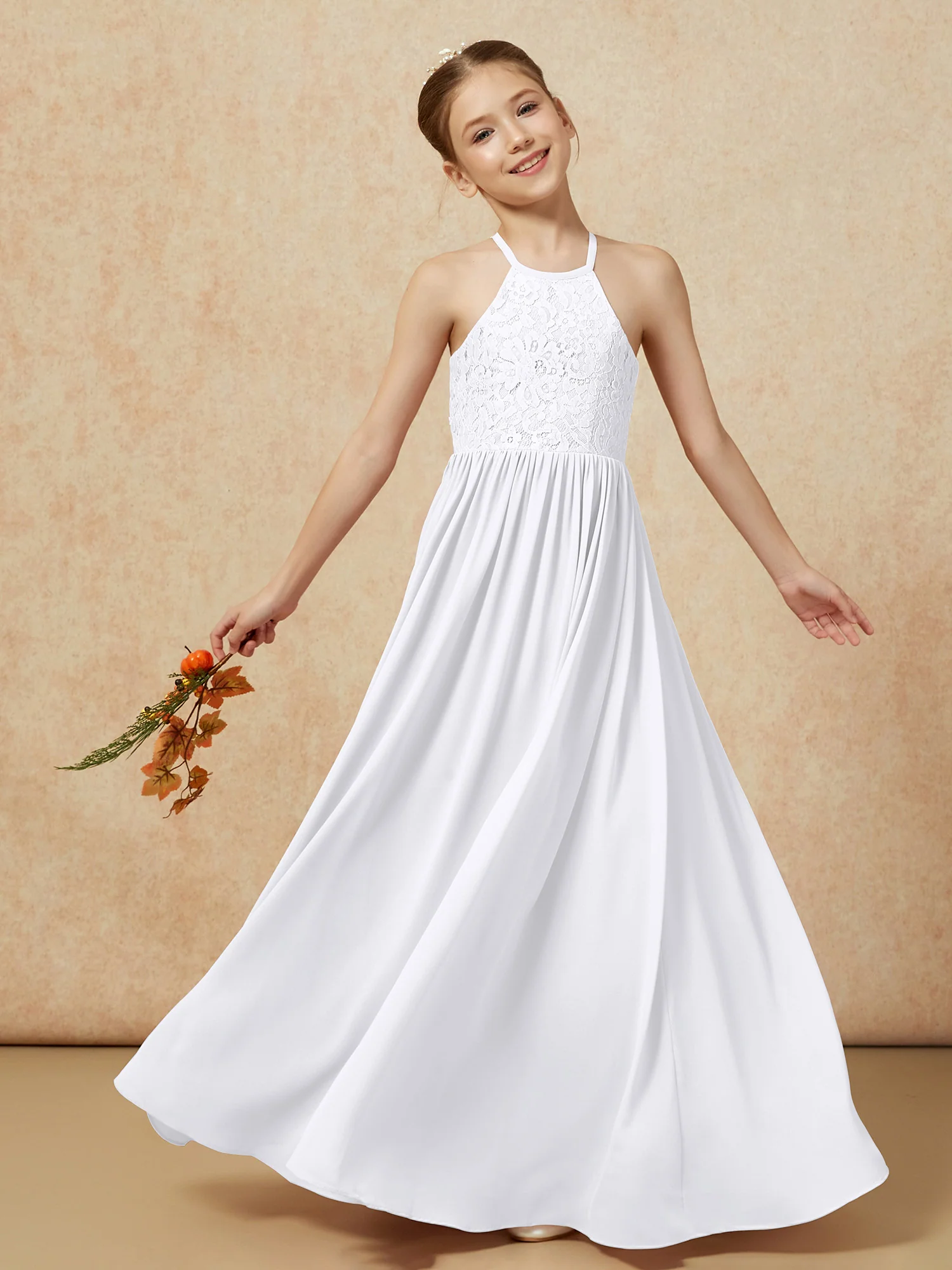 Pleated Lace Chiffion Long Junior Bridesmaid Dress White - Image 7