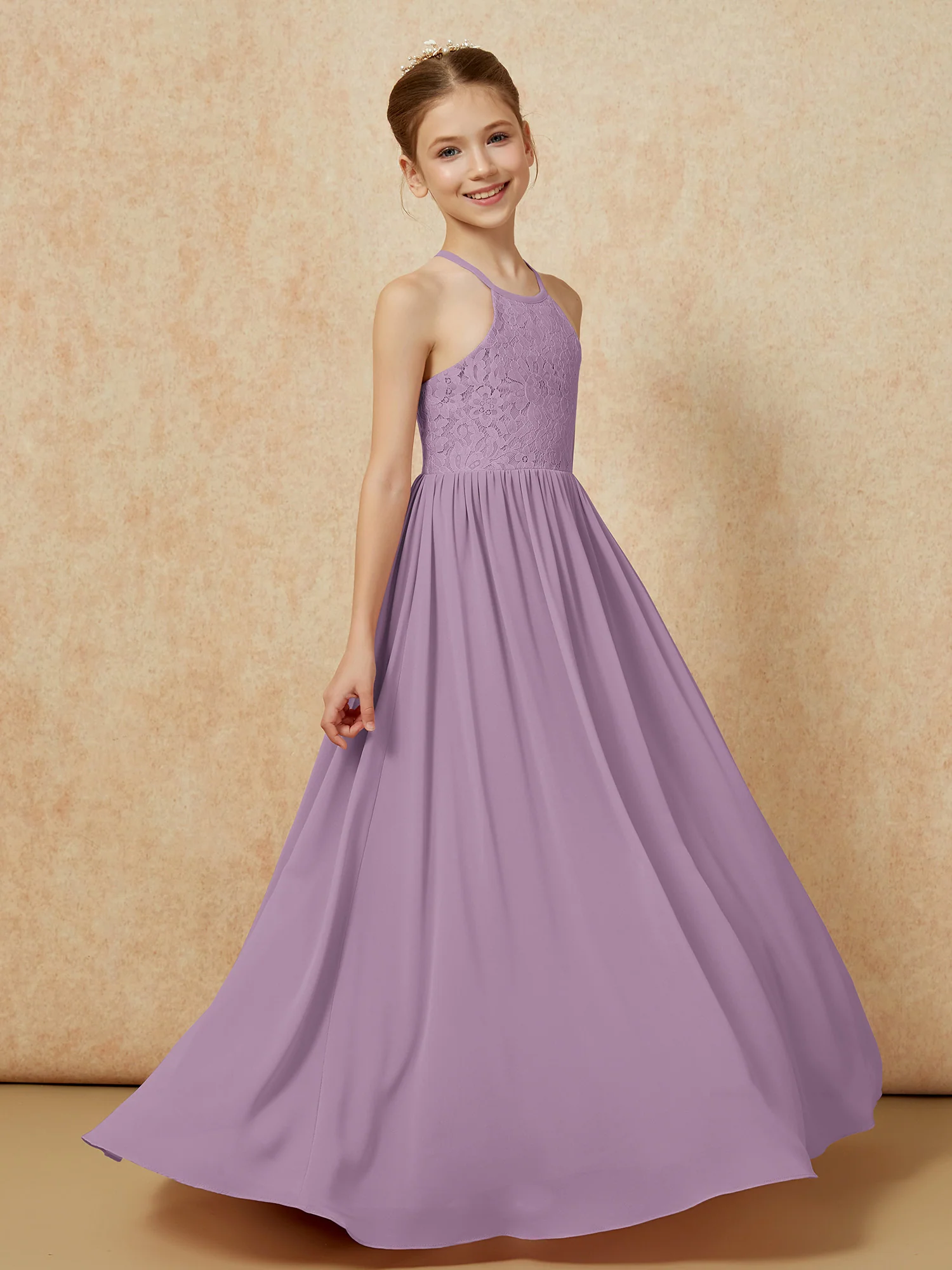 Pleated Lace Chiffion Long Junior Bridesmaid Dress Wisteria - Image 3