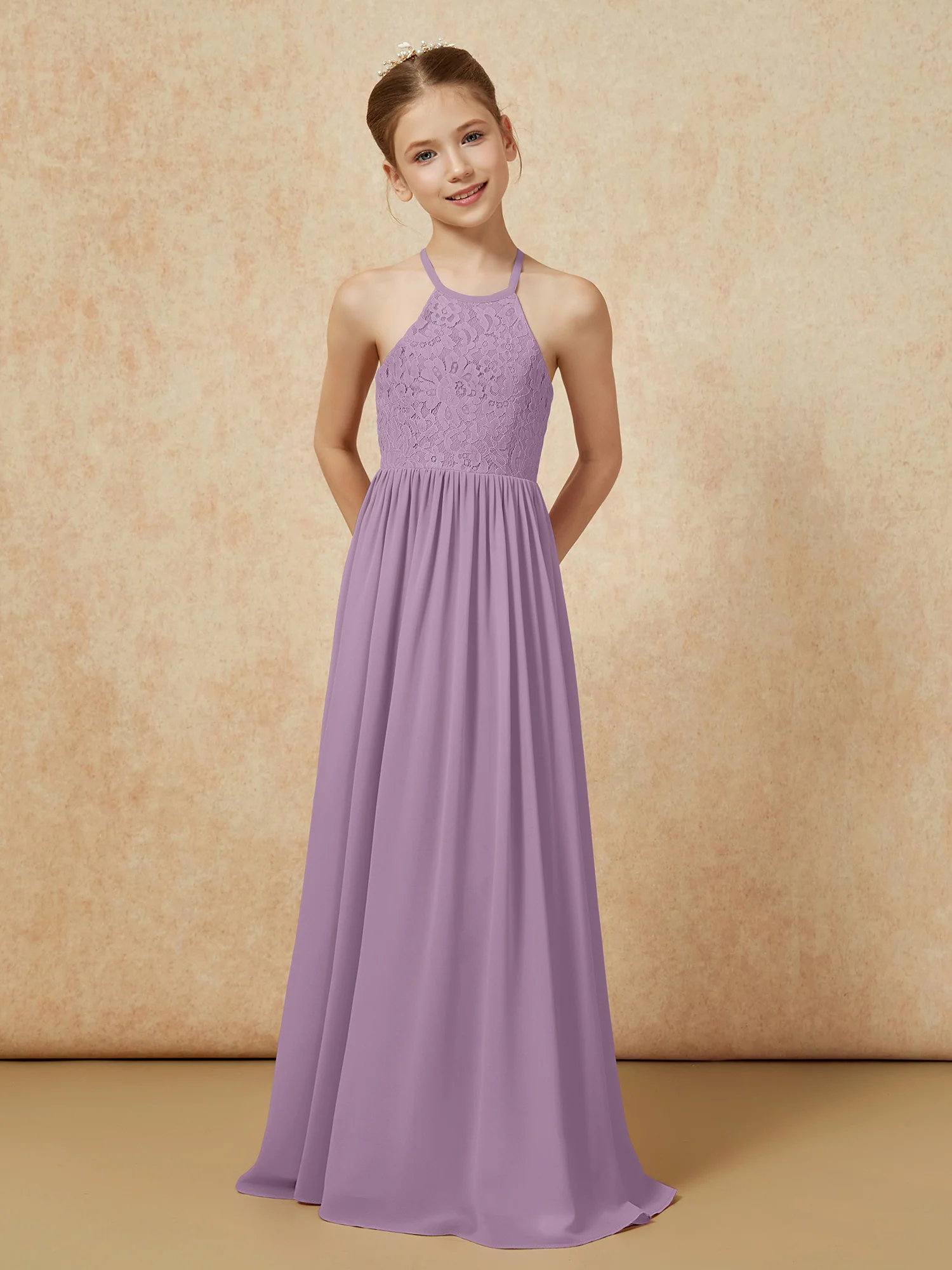 Pleated Lace Chiffion Long Junior Bridesmaid Dress Wisteria - Image 4