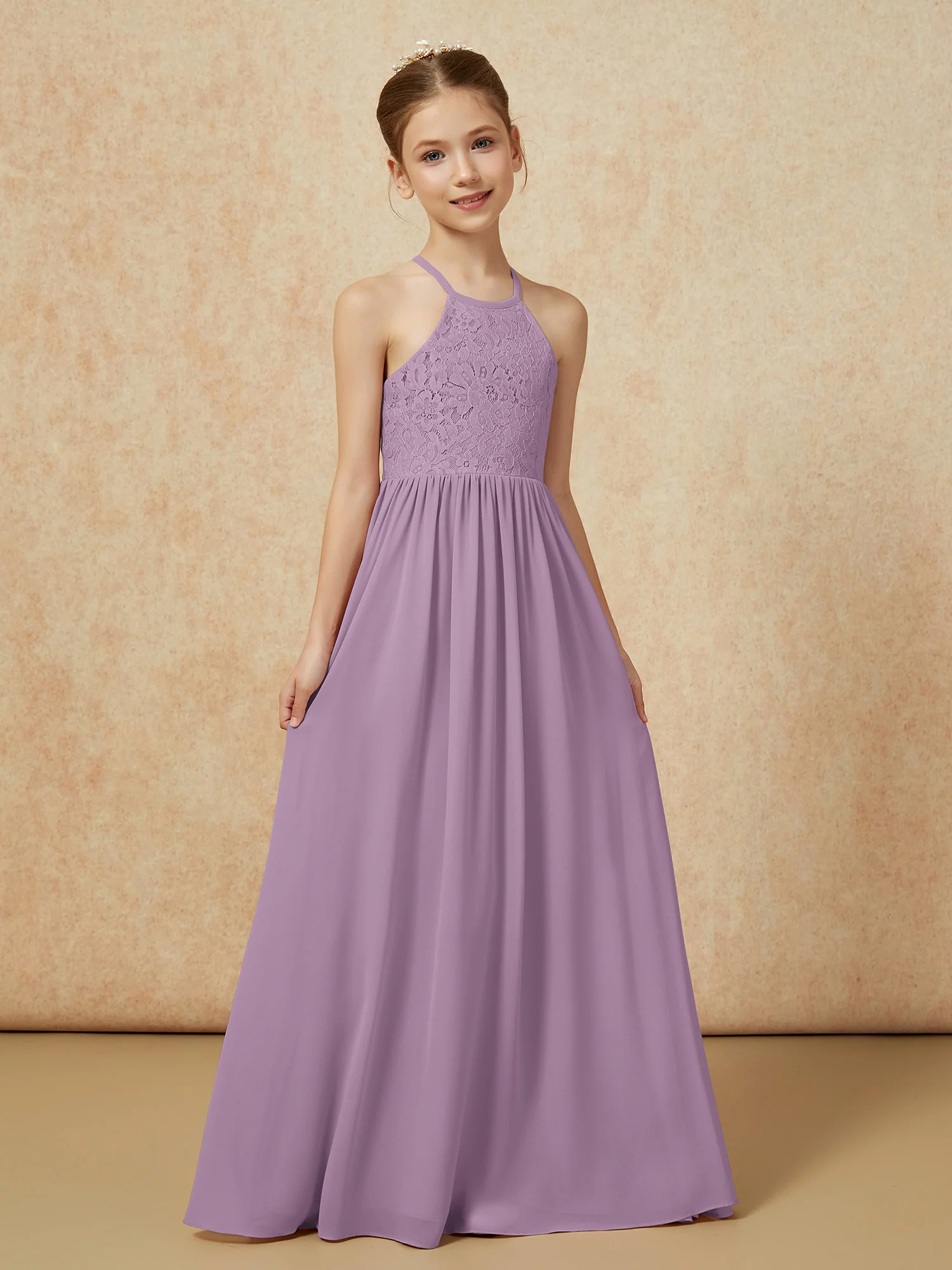 Pleated Lace Chiffion Long Junior Bridesmaid Dress Wisteria - Image 5
