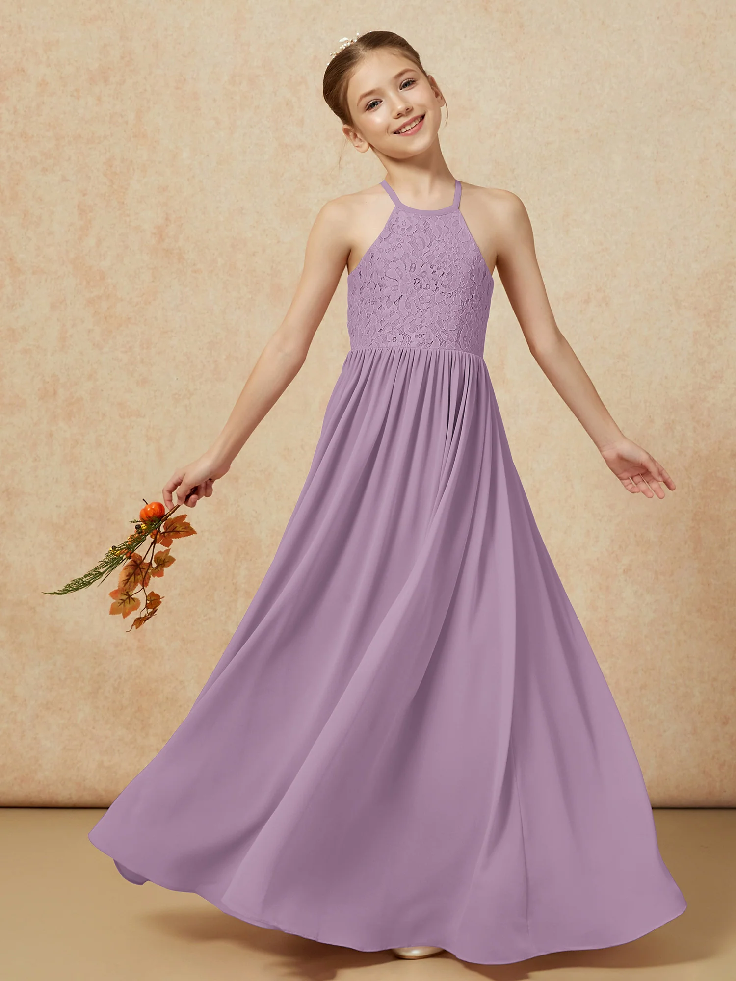 Pleated Lace Chiffion Long Junior Bridesmaid Dress Wisteria - Image 7