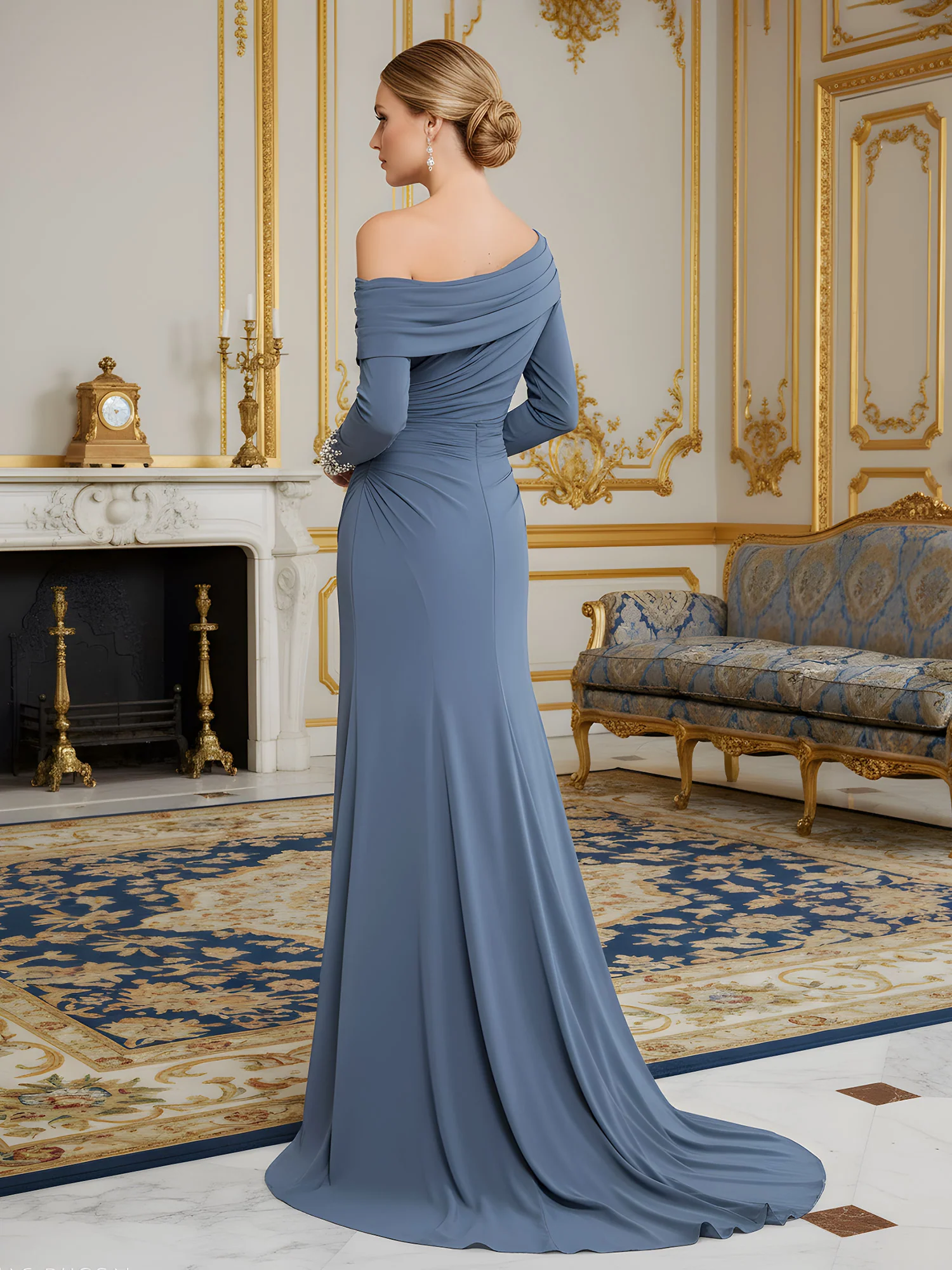 Pleated Long Sleeves Bodycon Sweep Train Gown Slate Blue - Image 2