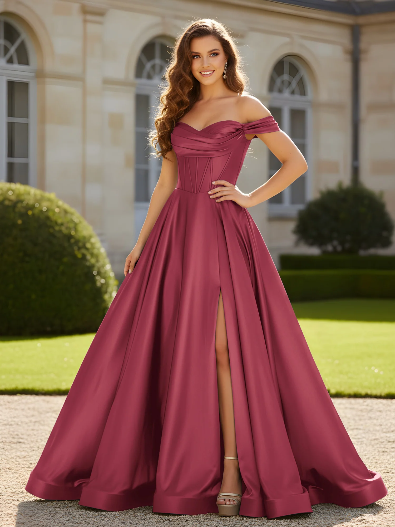 Pleated Off-the-shoulder A-Line Satin Dress With Slit Cinnamon Rose