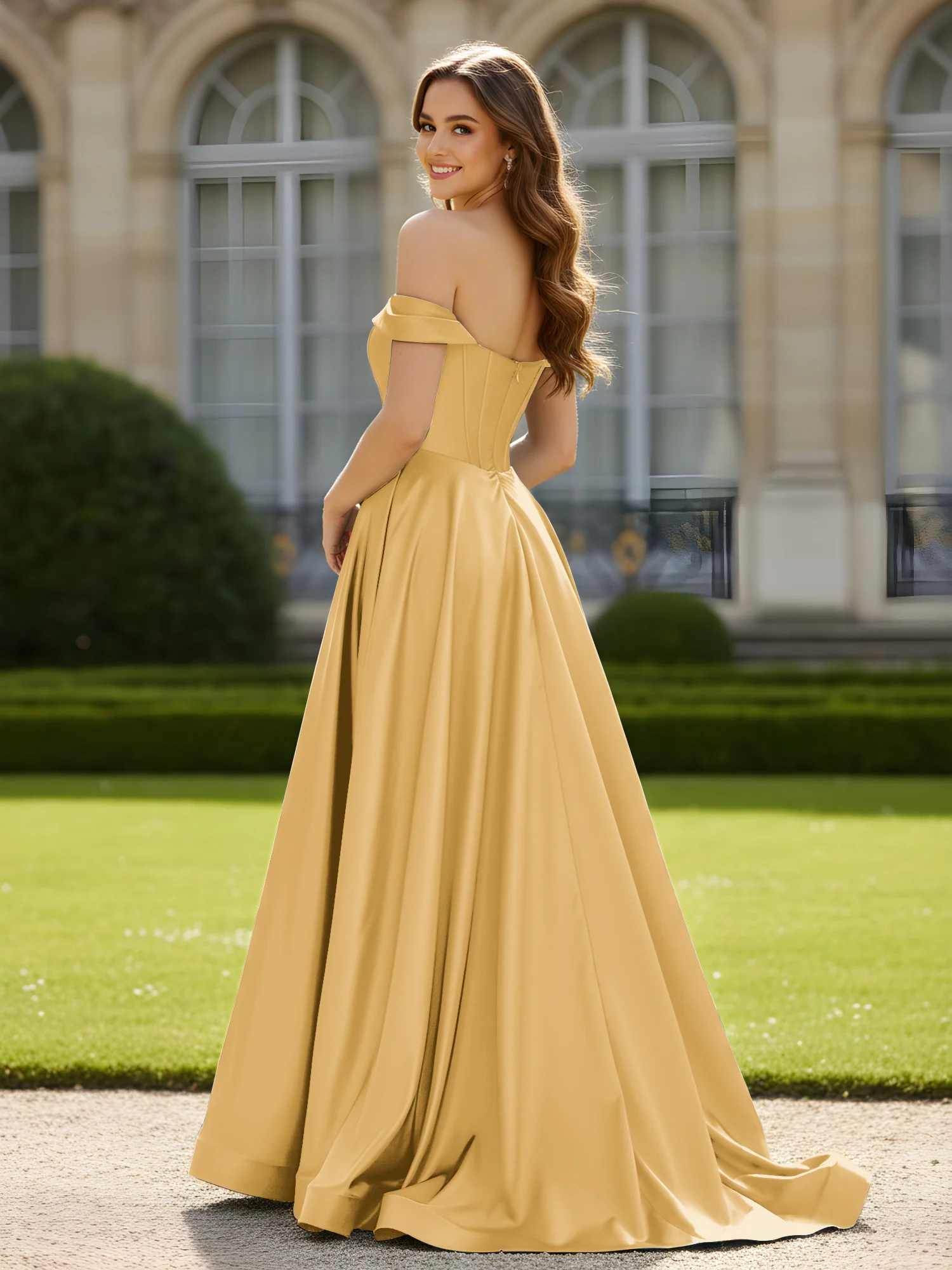 Pleated Off-the-shoulder A-Line Satin Dress With Slit Gold - Image 2