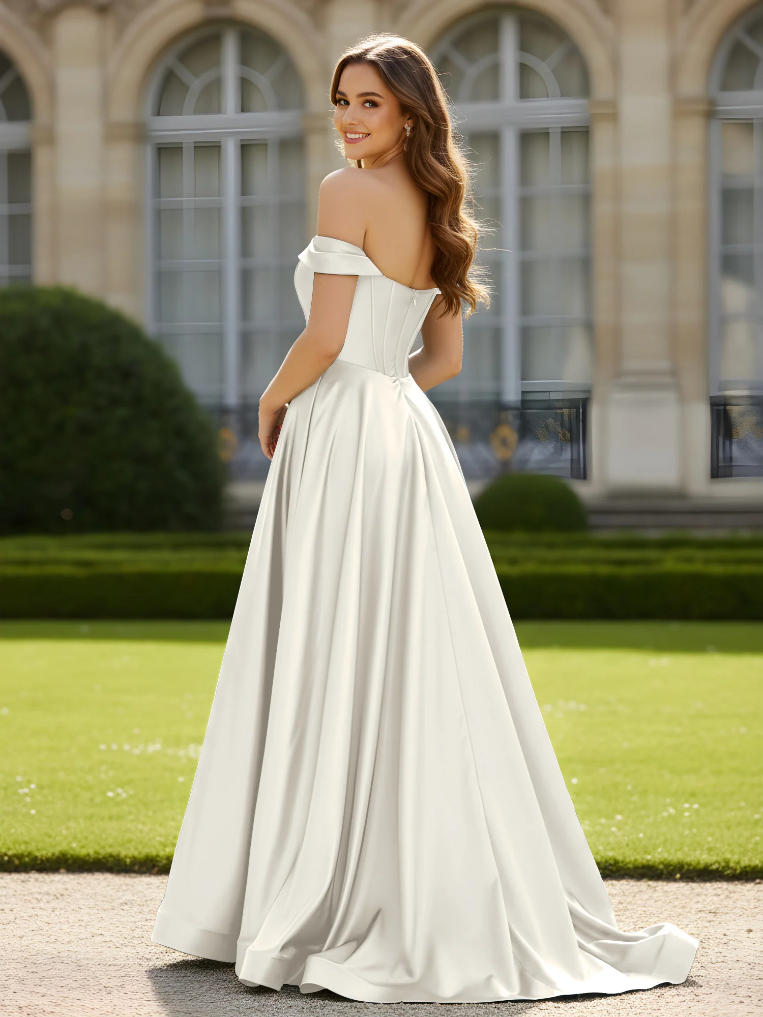 Pleated Off-the-shoulder A-Line Satin Dress With Slit Ivory - Image 2