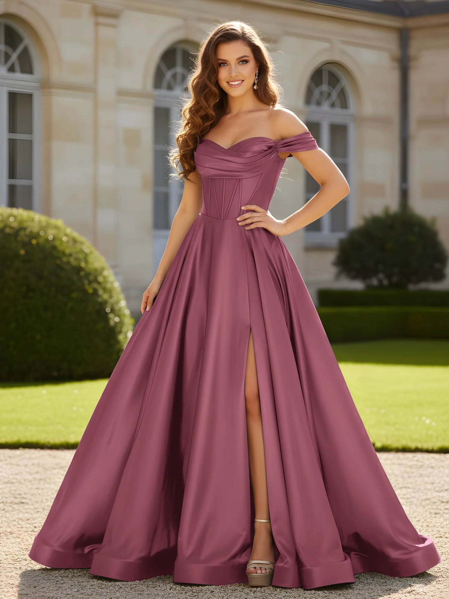 Pleated Off-the-shoulder A-Line Satin Dress With Slit Mulberry