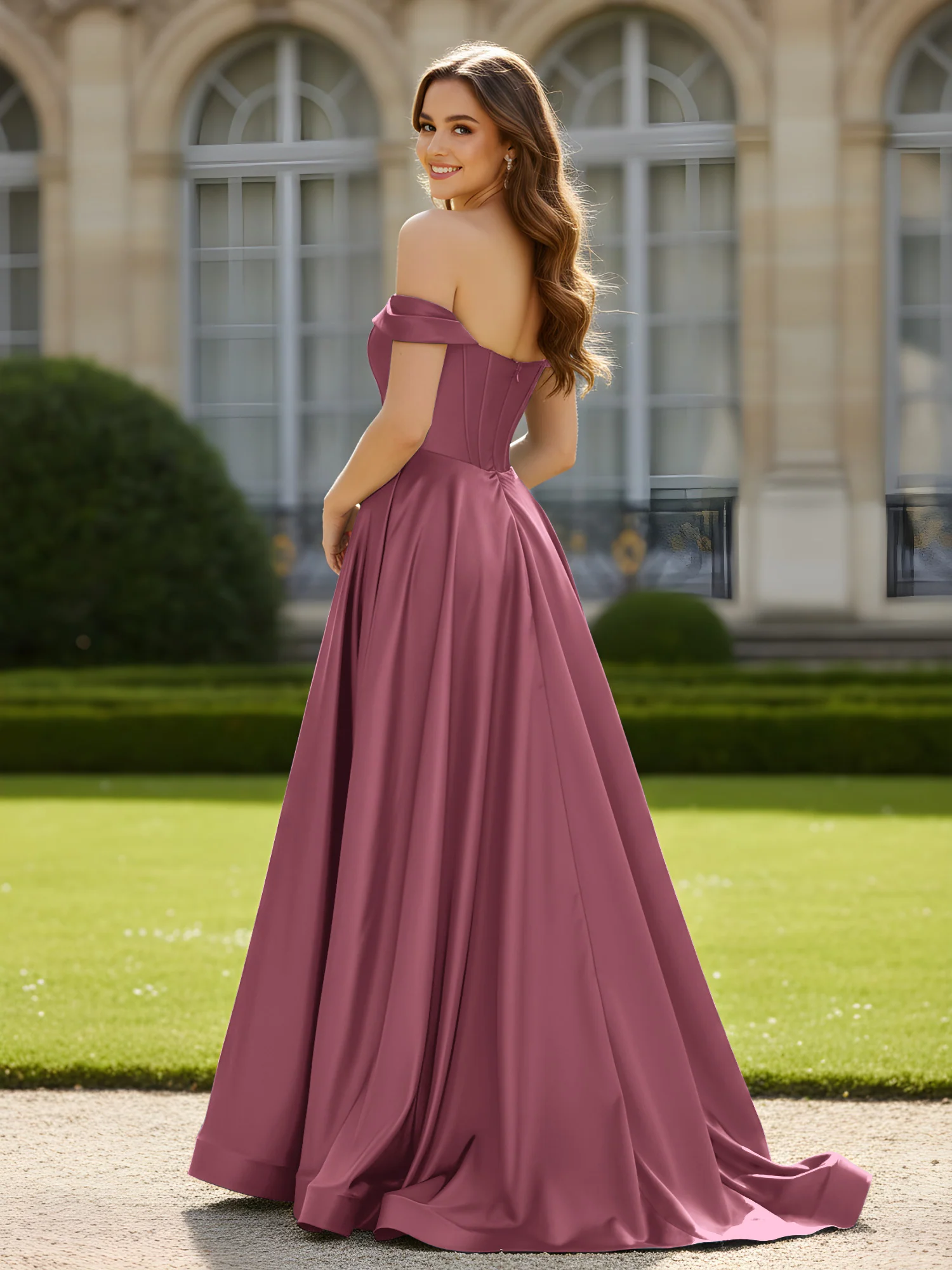 Pleated Off-the-shoulder A-Line Satin Dress With Slit Mulberry - Image 2