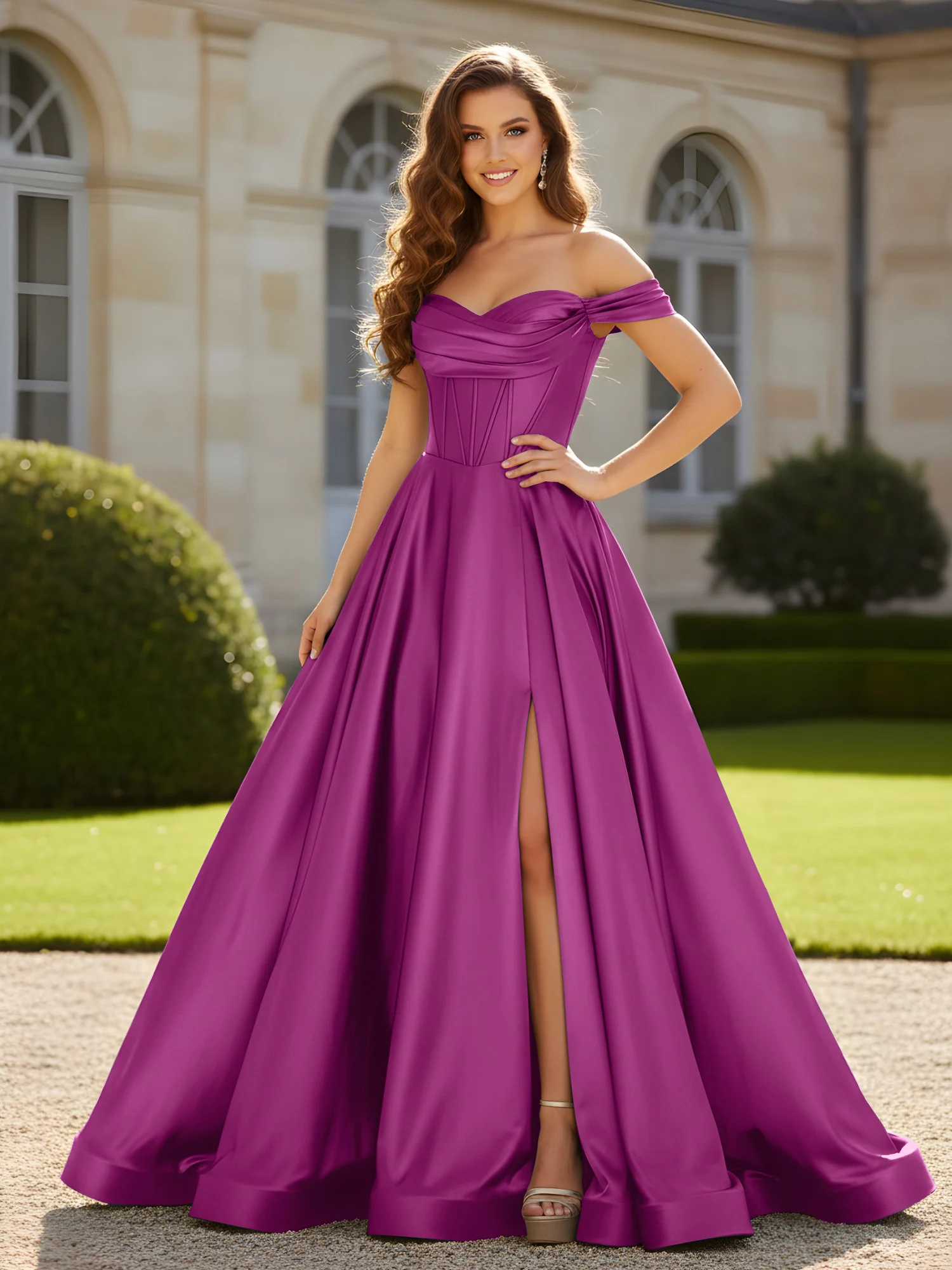Pleated Off-the-shoulder A-Line Satin Dress With Slit Orchid