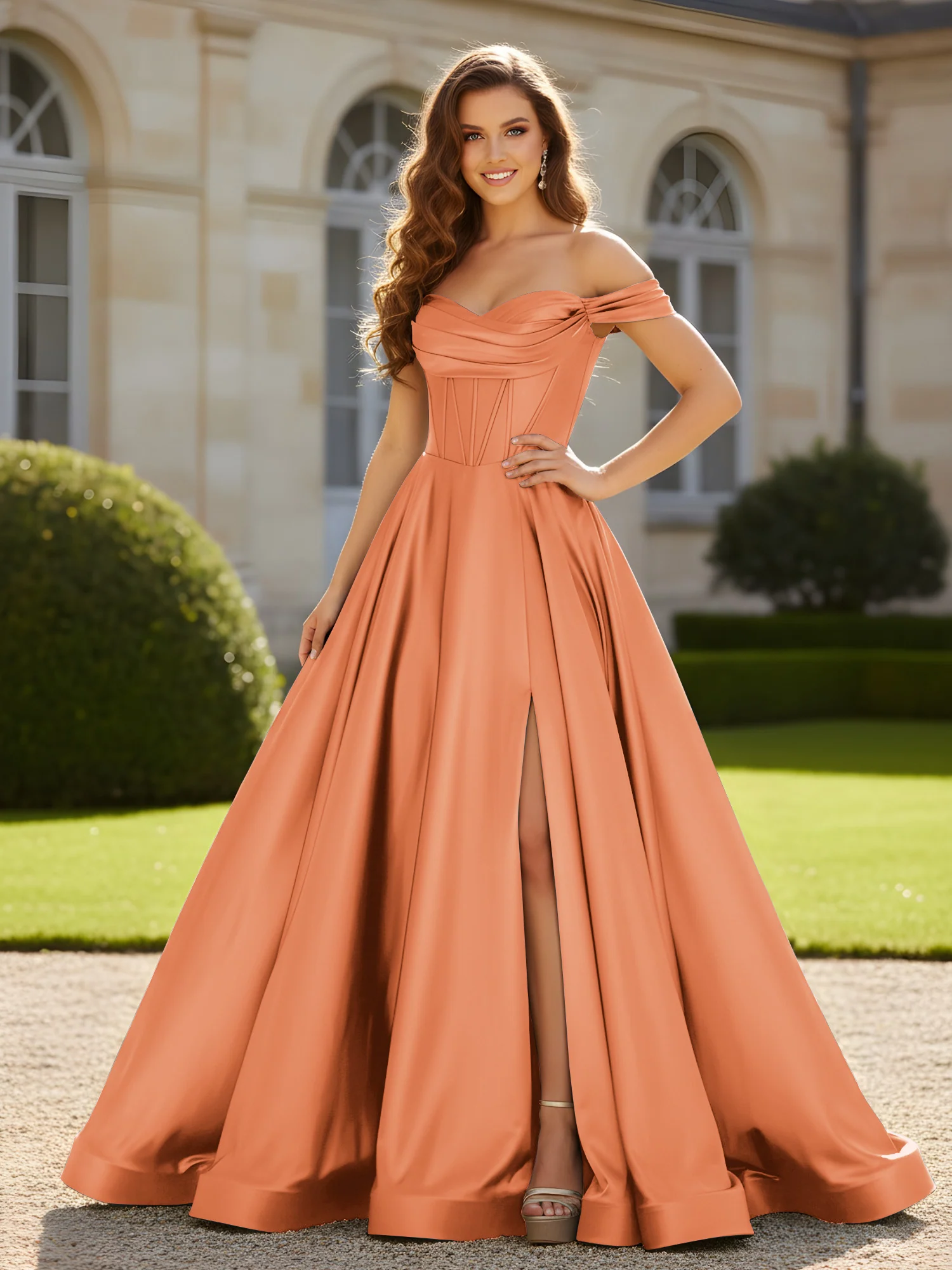 Pleated Off-the-shoulder A-Line Satin Dress With Slit Papaya