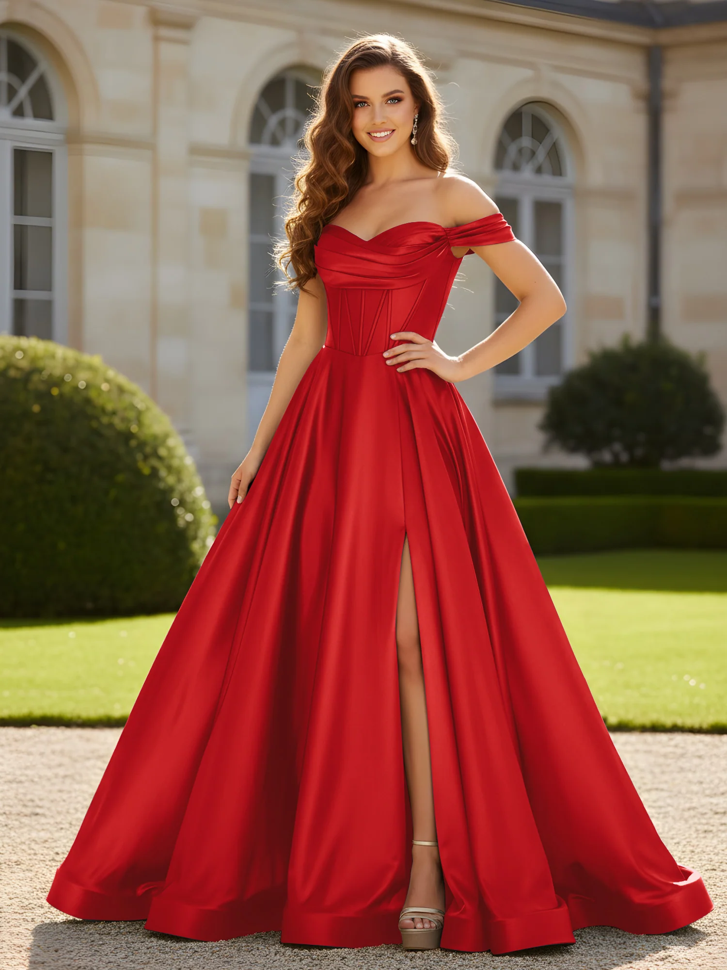 Pleated Off-the-shoulder A-Line Satin Dress With Slit Red