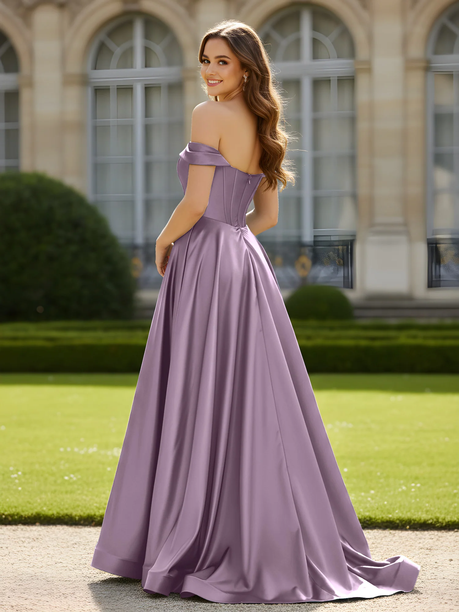 Pleated Off-the-shoulder A-Line Satin Dress With Slit Wisteria - Image 2