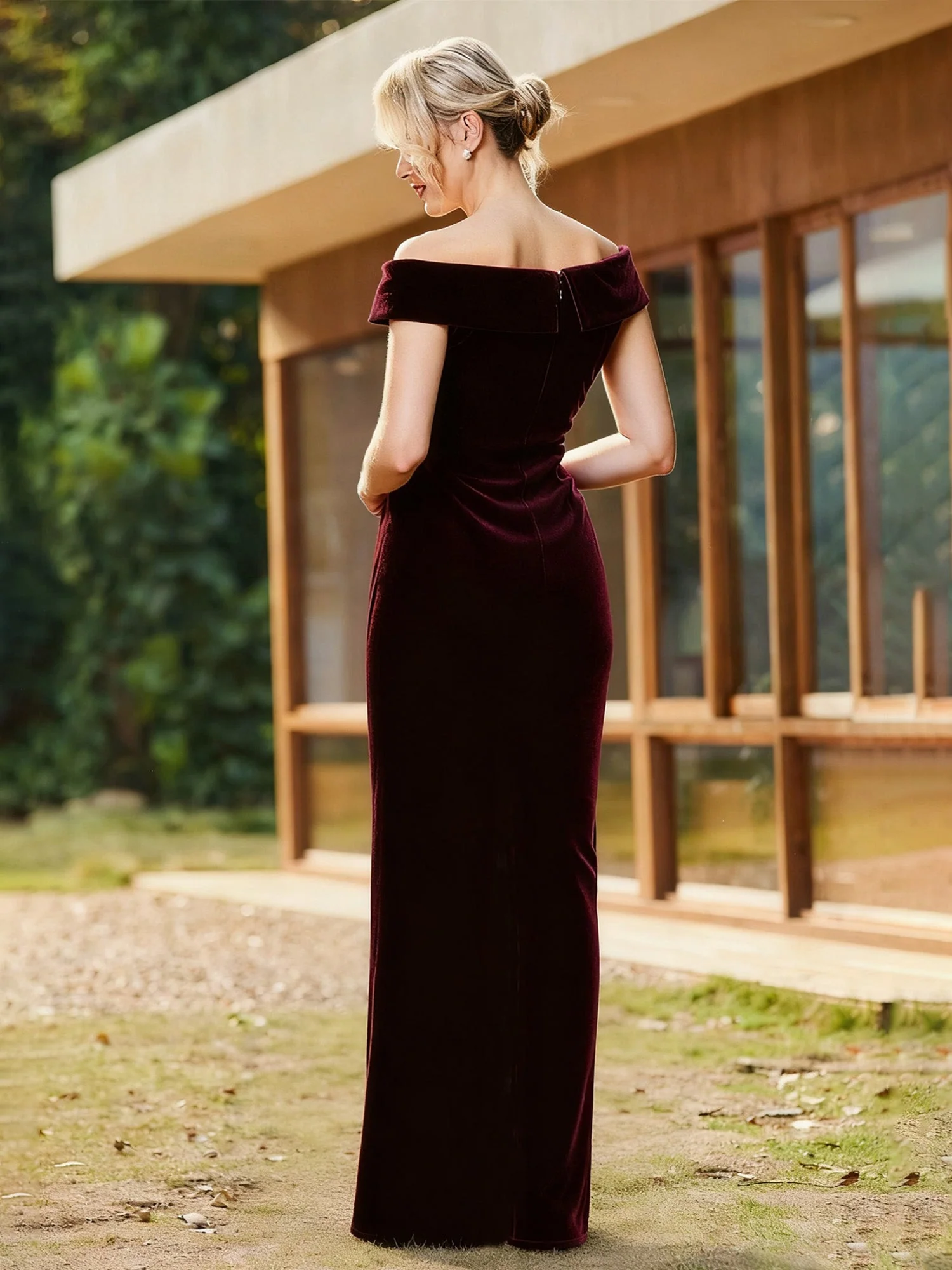 Pleated Off-the-Shoulder Beaded Long Dress With Slit Steel Grey - Image 2