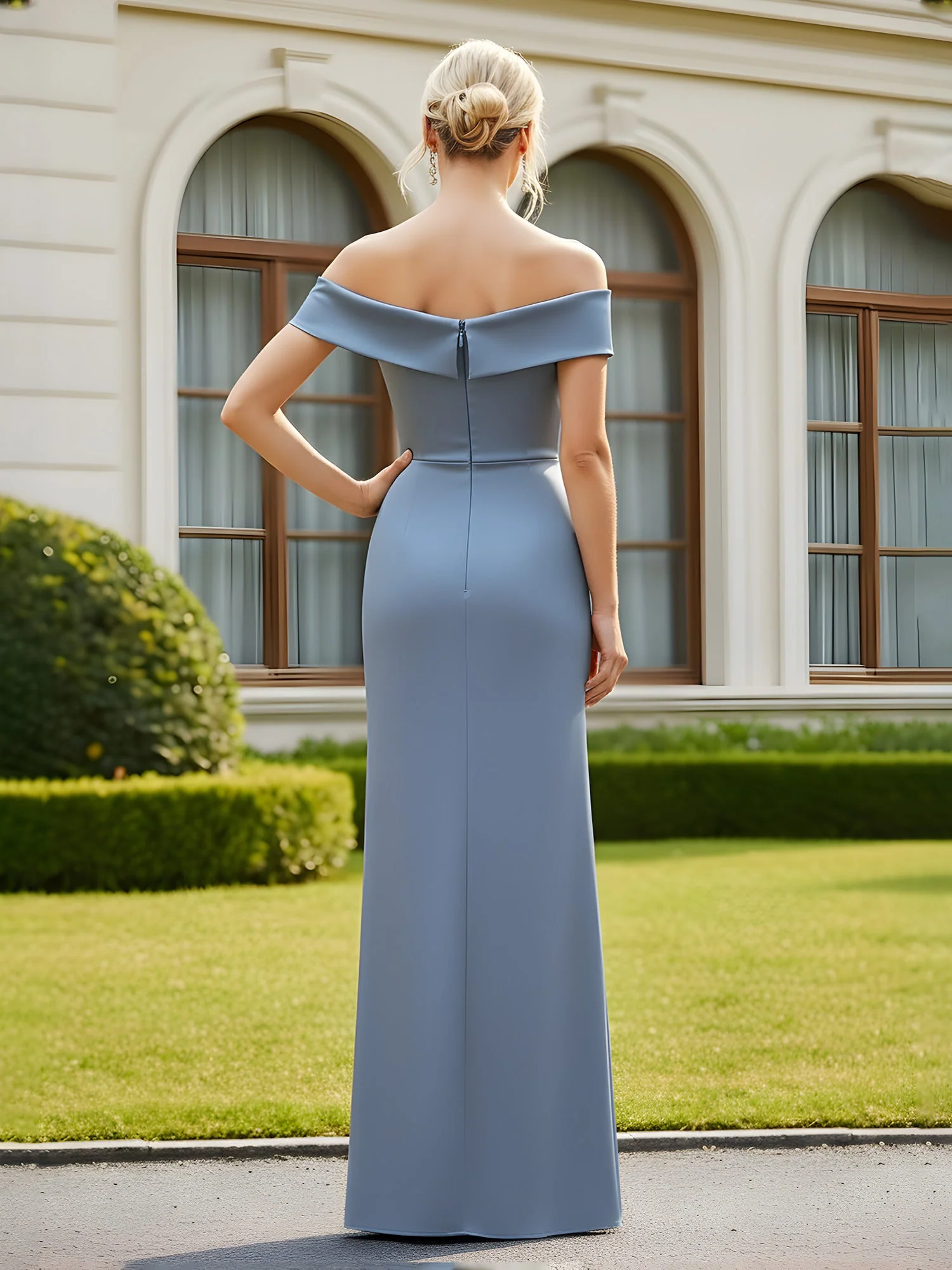 Pleated Off-the-Shoulder Sheath Long Dress With Slit Azalea - Image 2