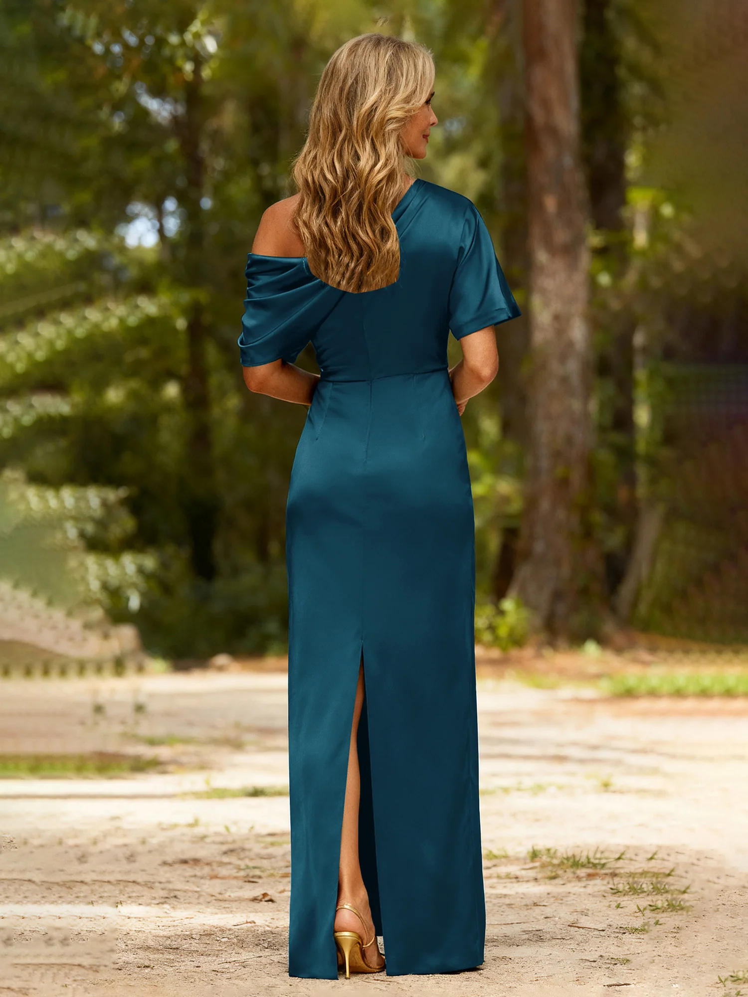 Pleated One Shoulder Sheath Dress With Back Slit Ink Blue - Image 2