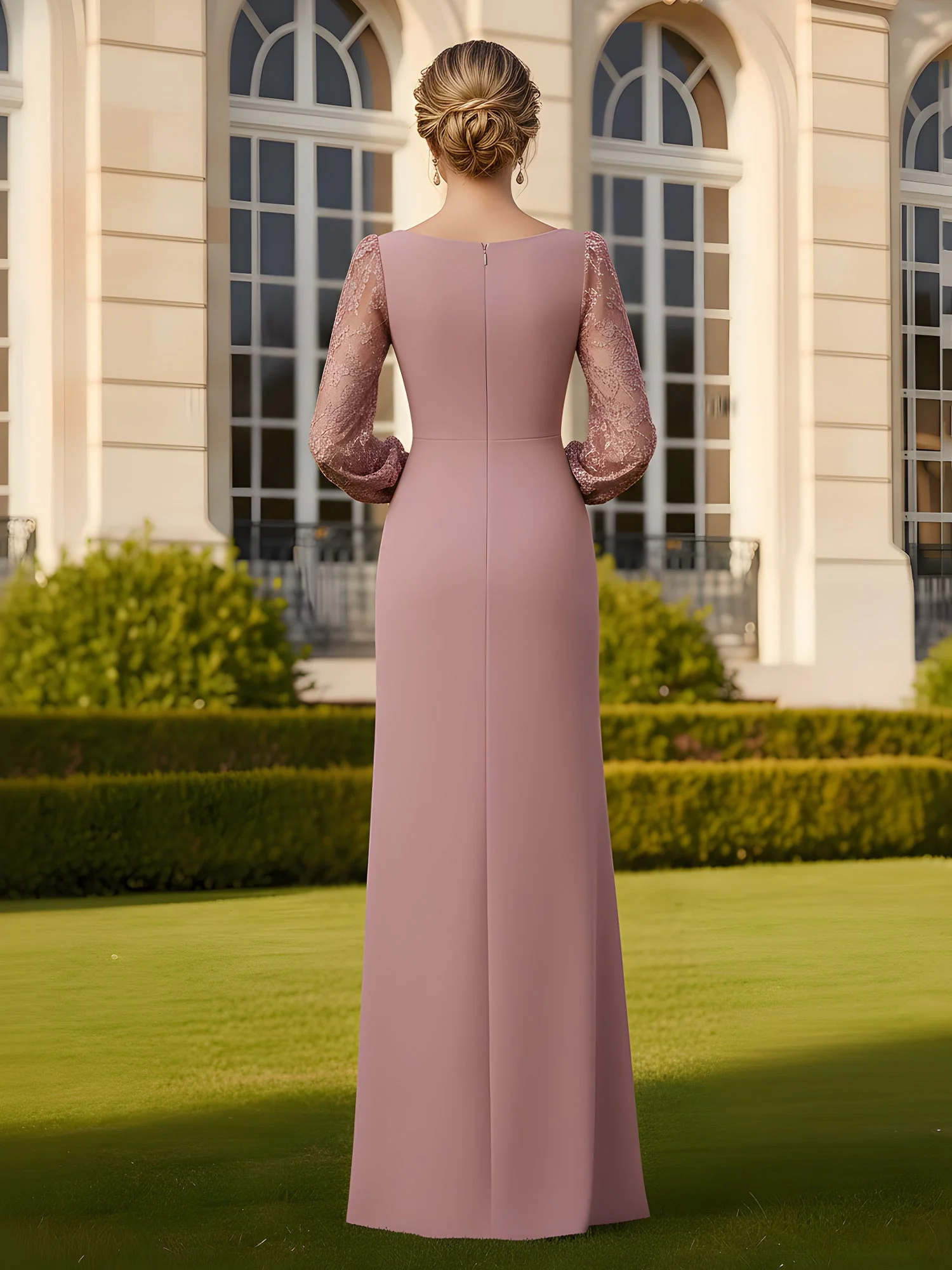 Pleated Scoop Neck Lace Long Sleeves Sheath Dress Royal Blue - Image 2