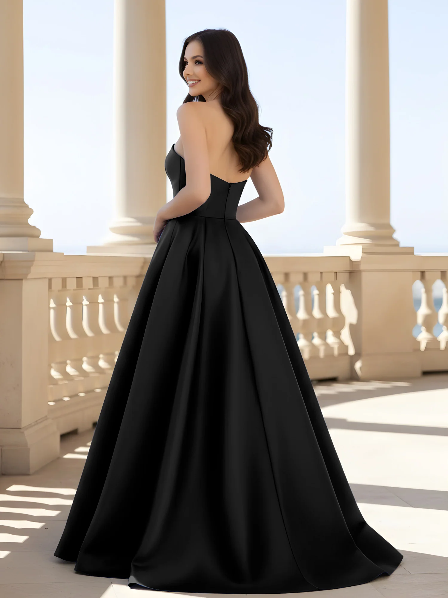 Pleated Strapless A-Line Long Dress With Slit Black - Image 2