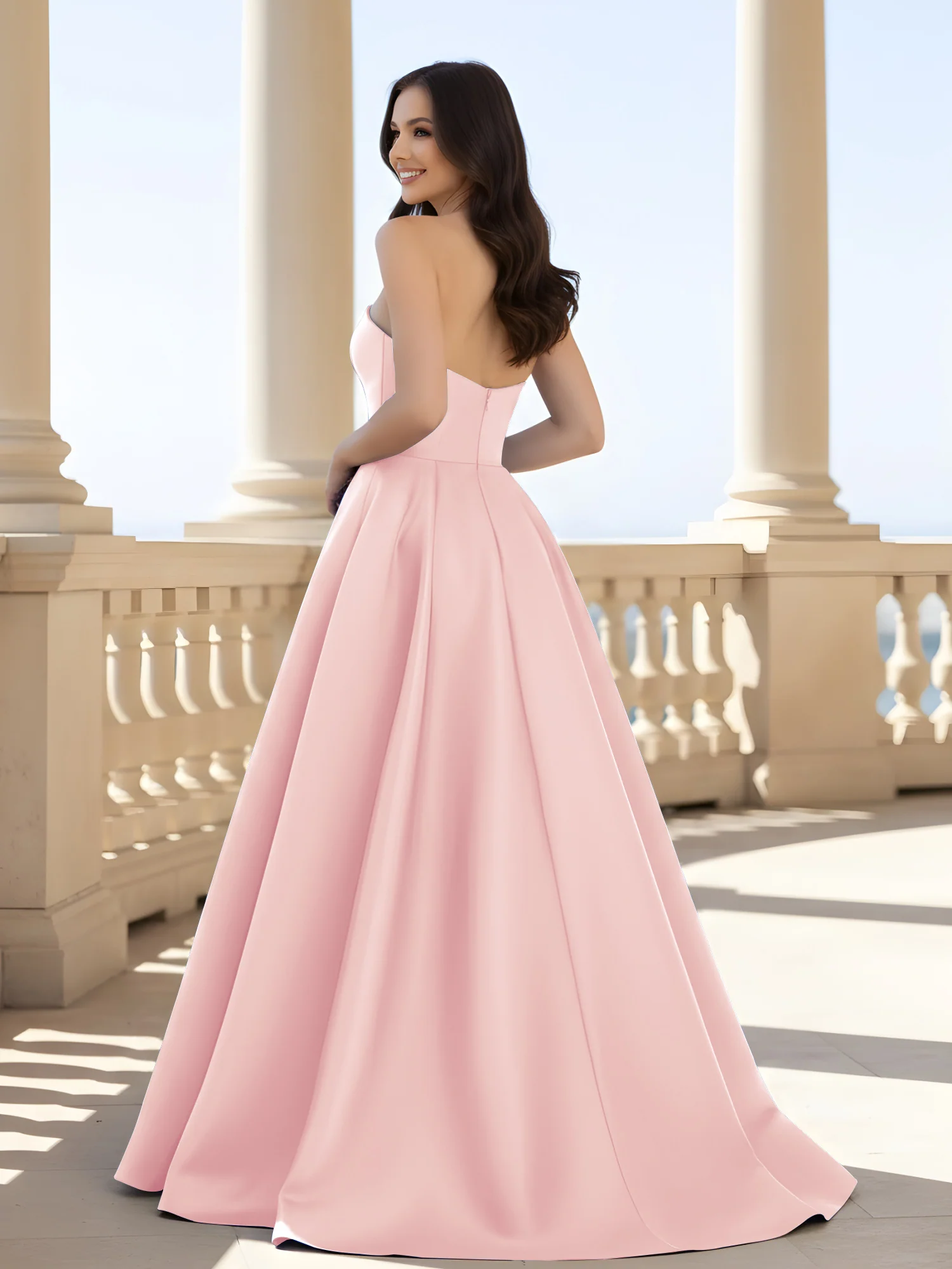 Pleated Strapless A-Line Long Dress With Slit Blushing Pink - Image 2