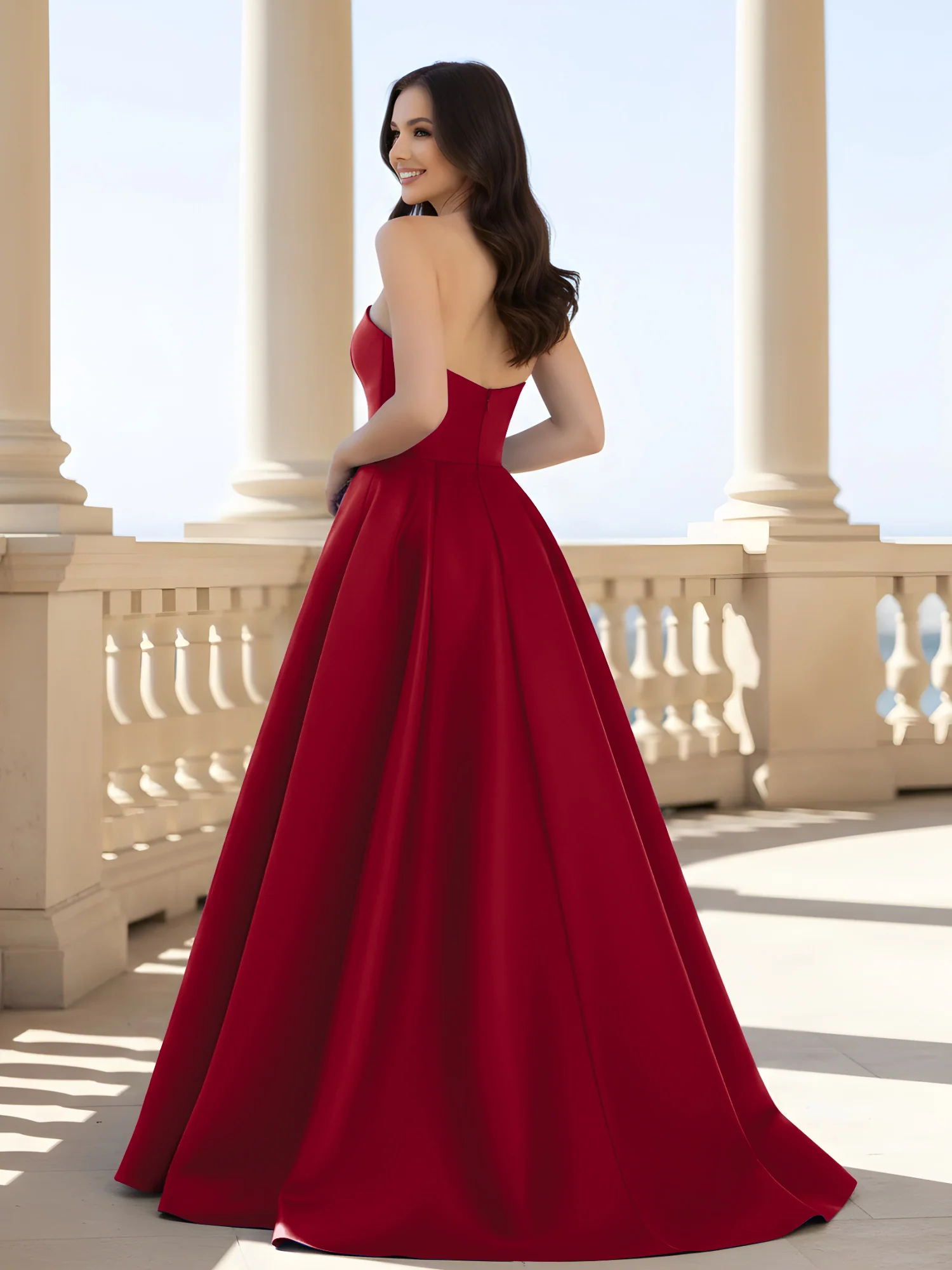 Pleated Strapless A-Line Long Dress With Slit Burgundy - Image 2