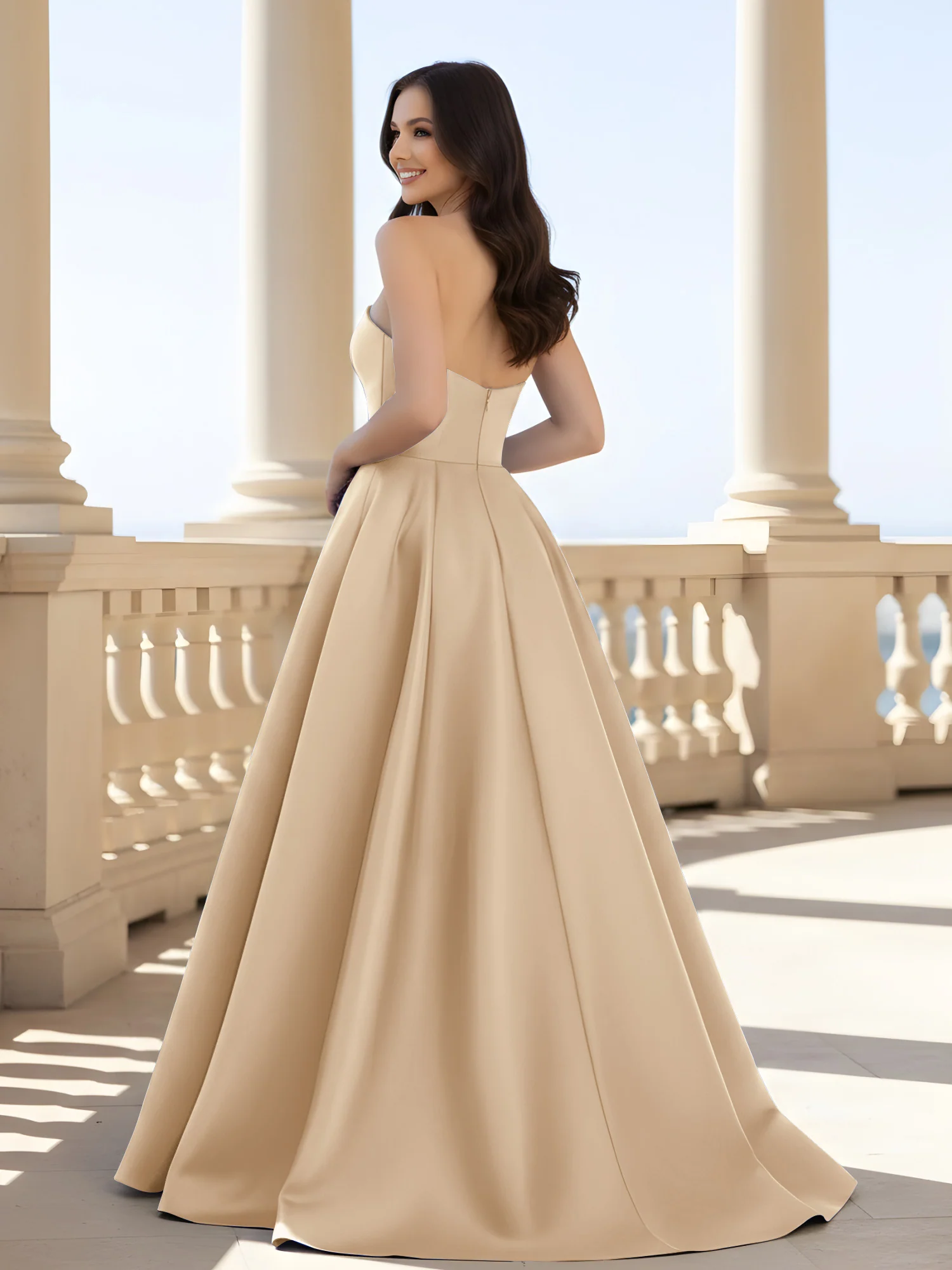 Pleated Strapless A-Line Long Dress With Slit Champagne - Image 2
