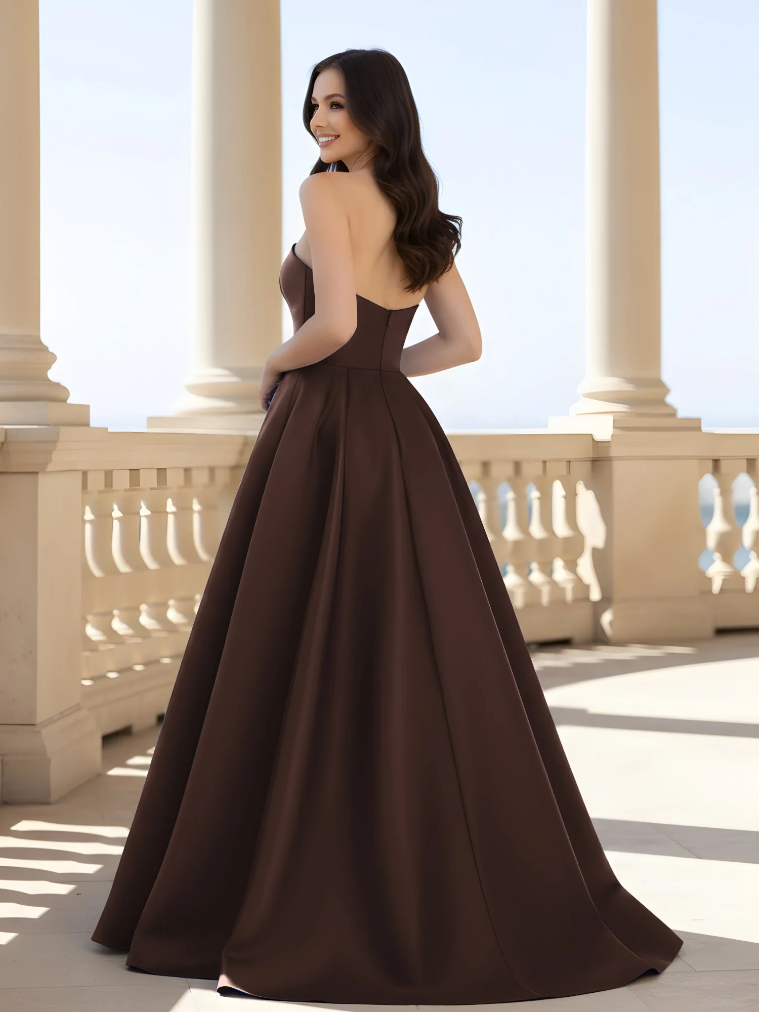 Pleated Strapless A-Line Long Dress With Slit Chocolate - Image 2
