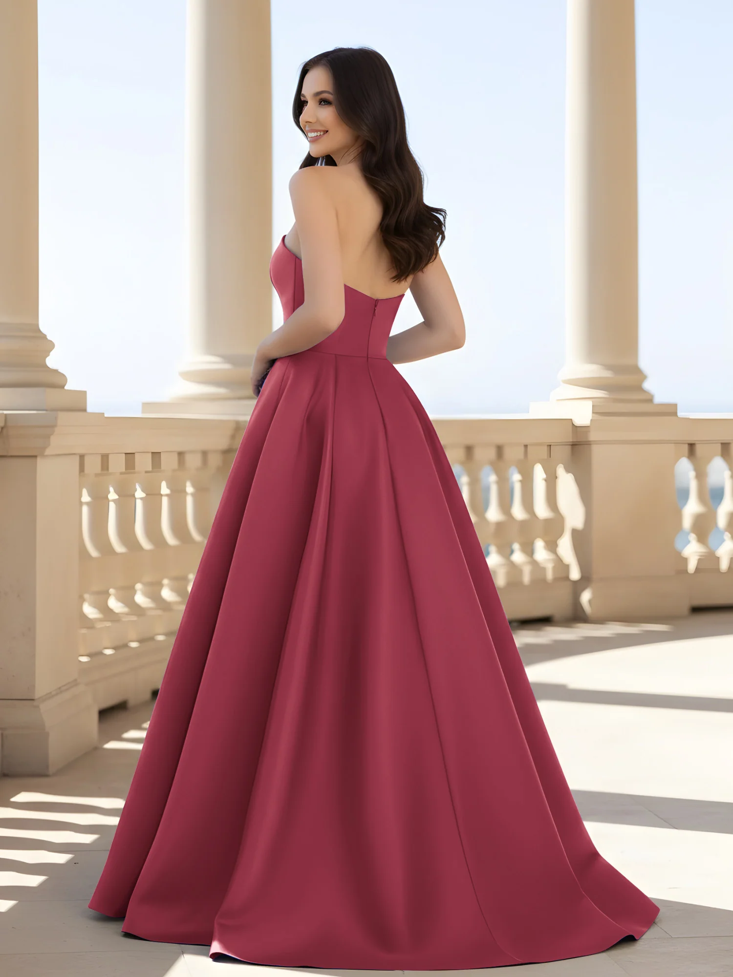 Pleated Strapless A-Line Long Dress With Slit Cinnamon Rose - Image 2