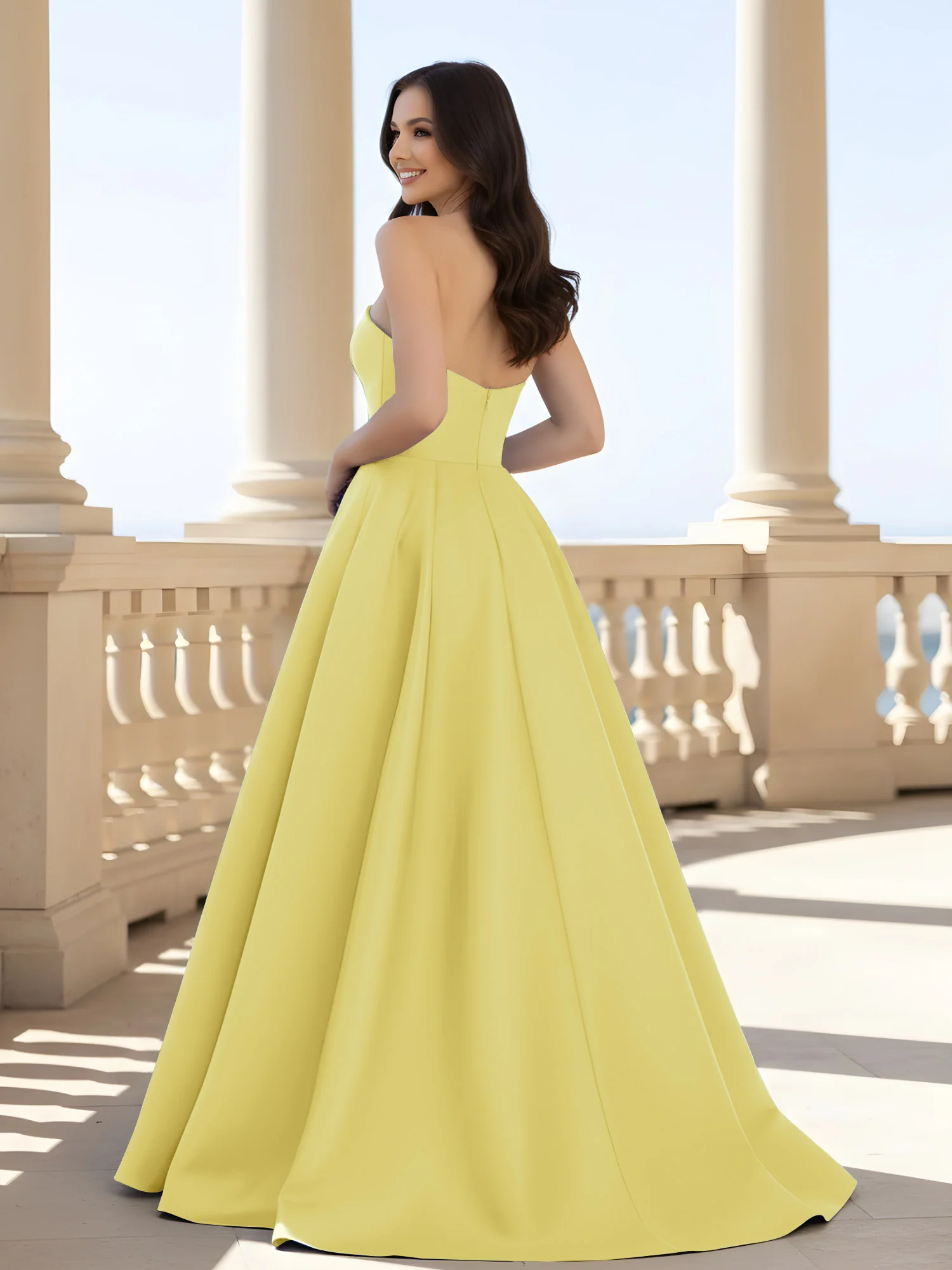 Pleated Strapless A-Line Long Dress With Slit Daffodil - Image 2