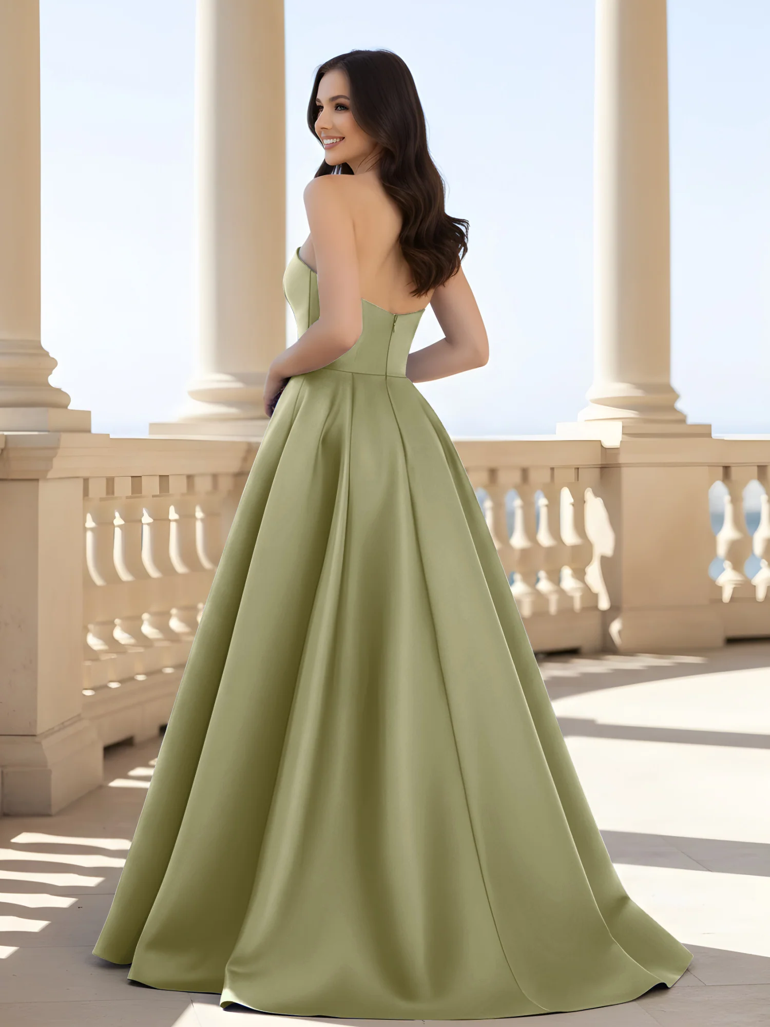 Pleated Strapless A-Line Long Dress With Slit Dusty Sage - Image 2