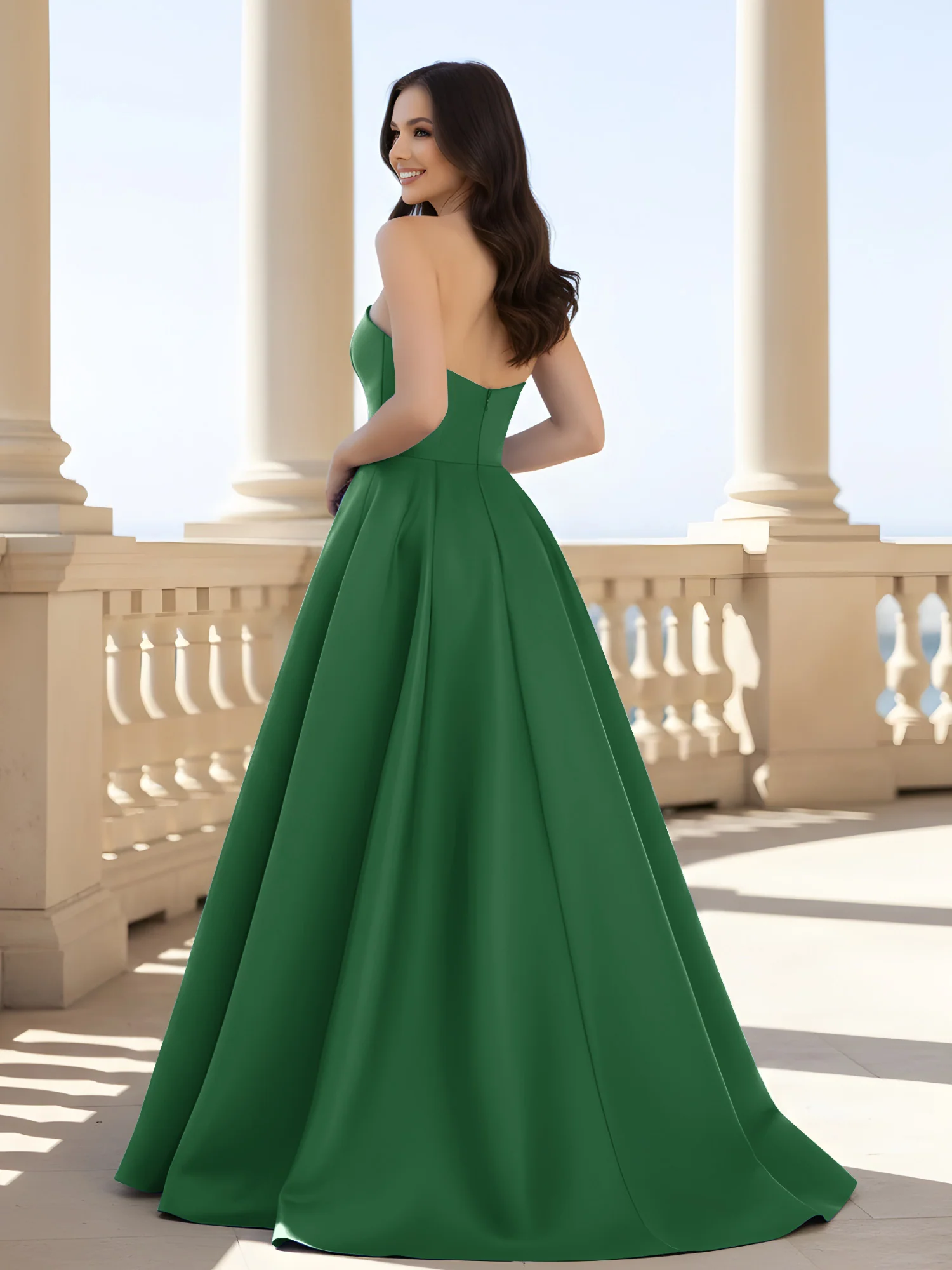Pleated Strapless A-Line Long Dress With Slit Emerald - Image 2