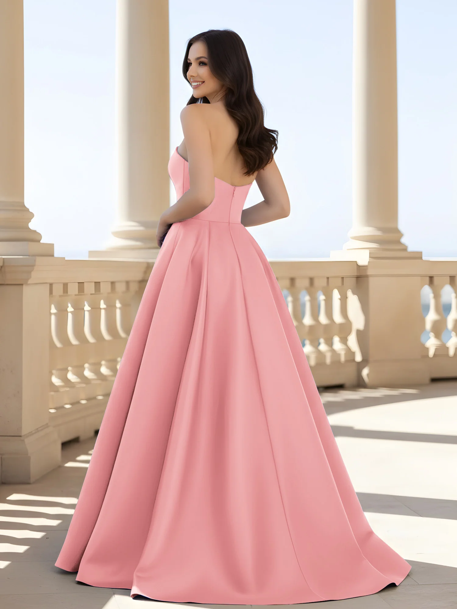 Pleated Strapless A-Line Long Dress With Slit Flamingo - Image 2