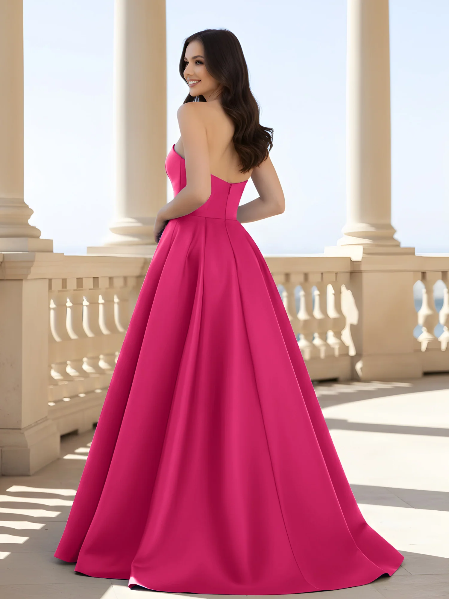 Pleated Strapless A-Line Long Dress With Slit Fuchsia - Image 2
