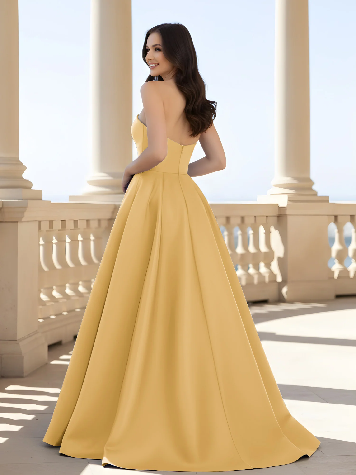 Pleated Strapless A-Line Long Dress With Slit Gold - Image 2