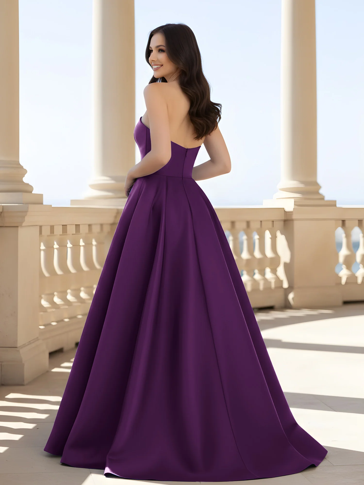 Pleated Strapless A-Line Long Dress With Slit Grape - Image 2