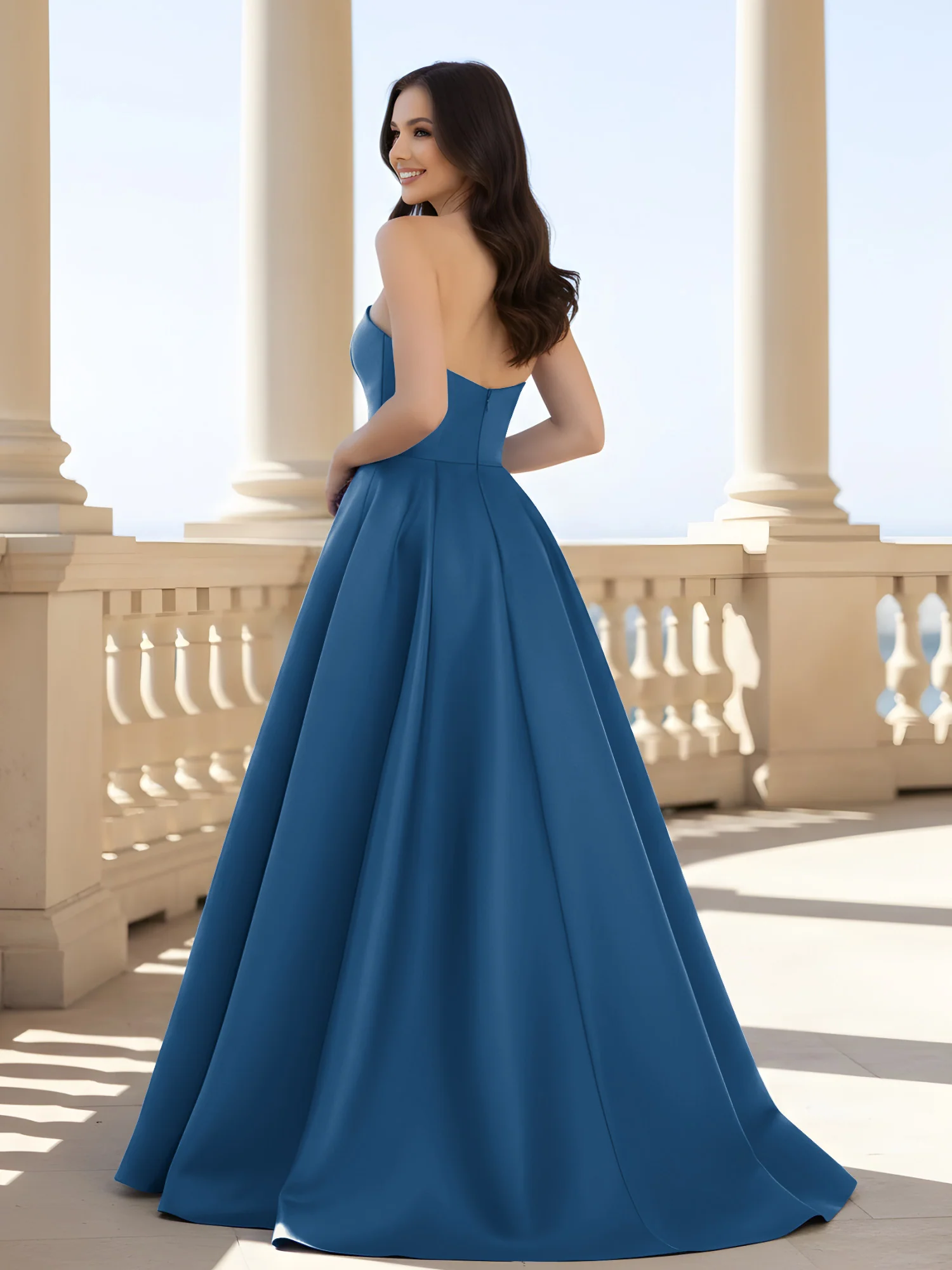 Pleated Strapless A-Line Long Dress With Slit Ink Blue - Image 2