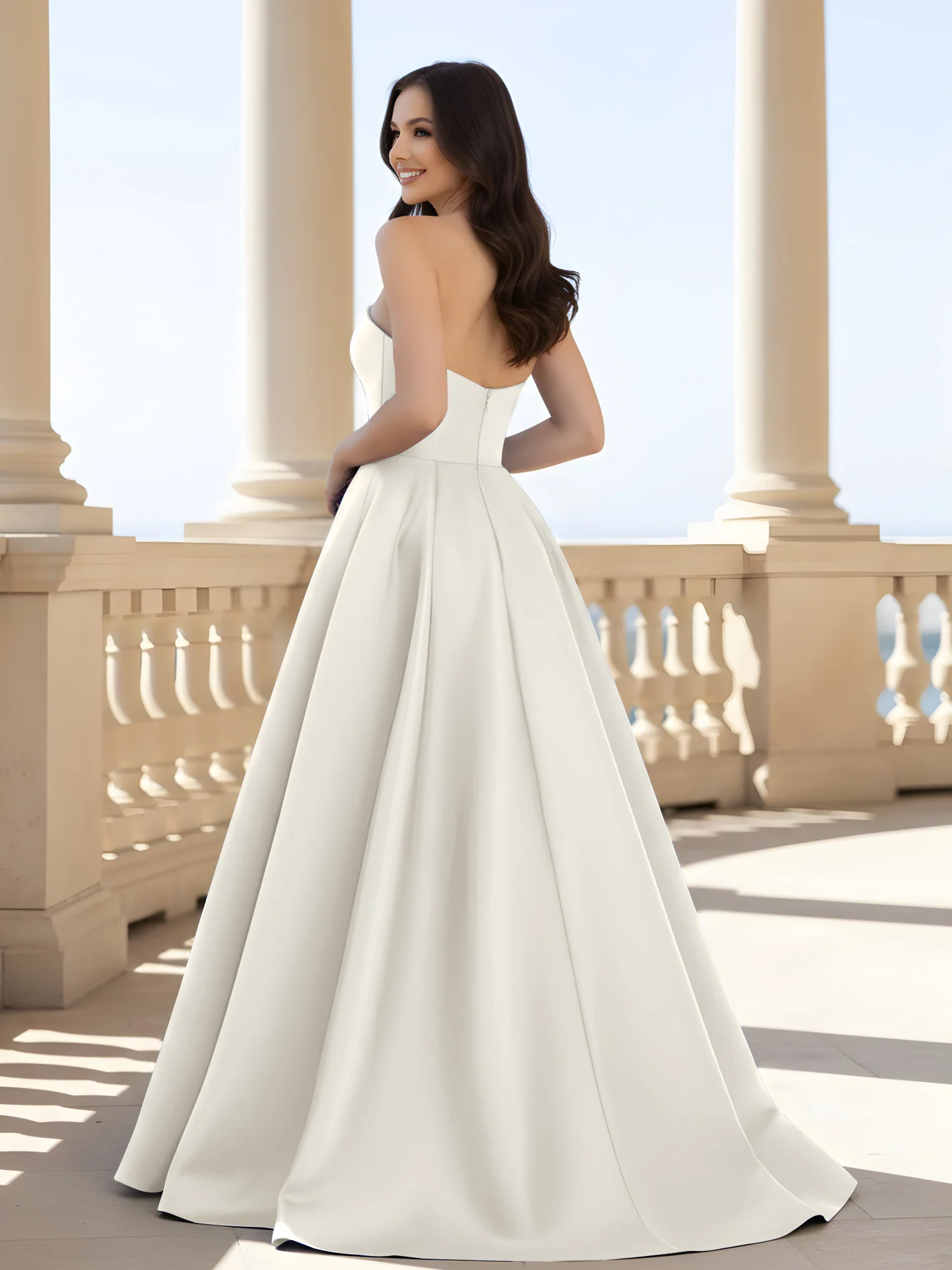 Pleated Strapless A-Line Long Dress With Slit Ivory - Image 2