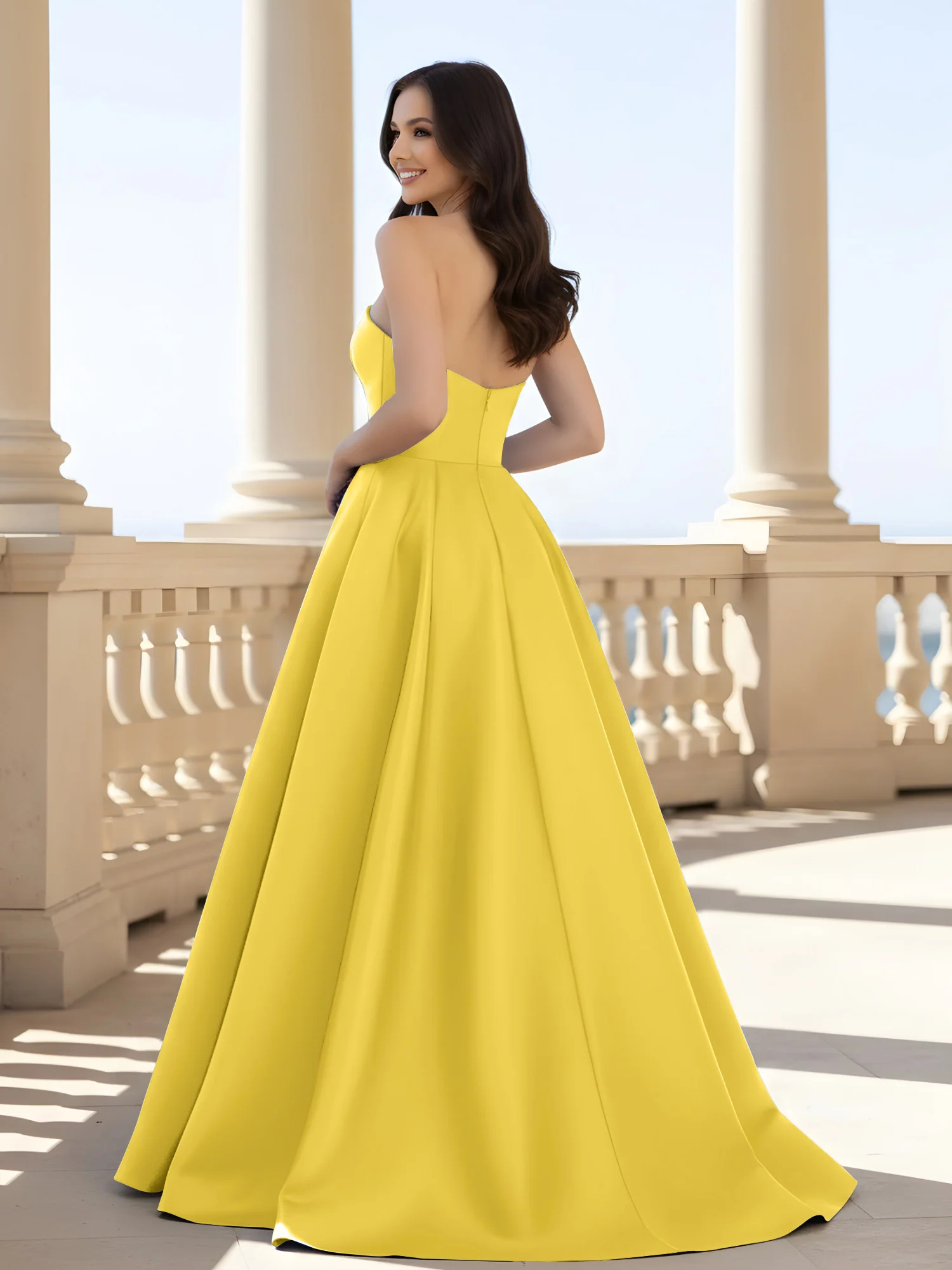 Pleated Strapless A-Line Long Dress With Slit Marigold - Image 2