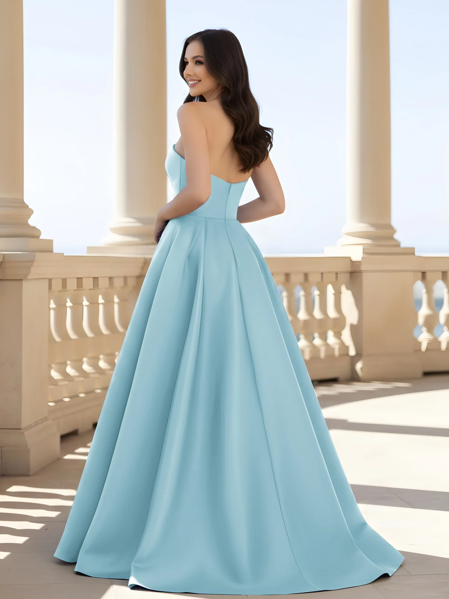 Pleated Strapless A-Line Long Dress With Slit Mist - Image 2