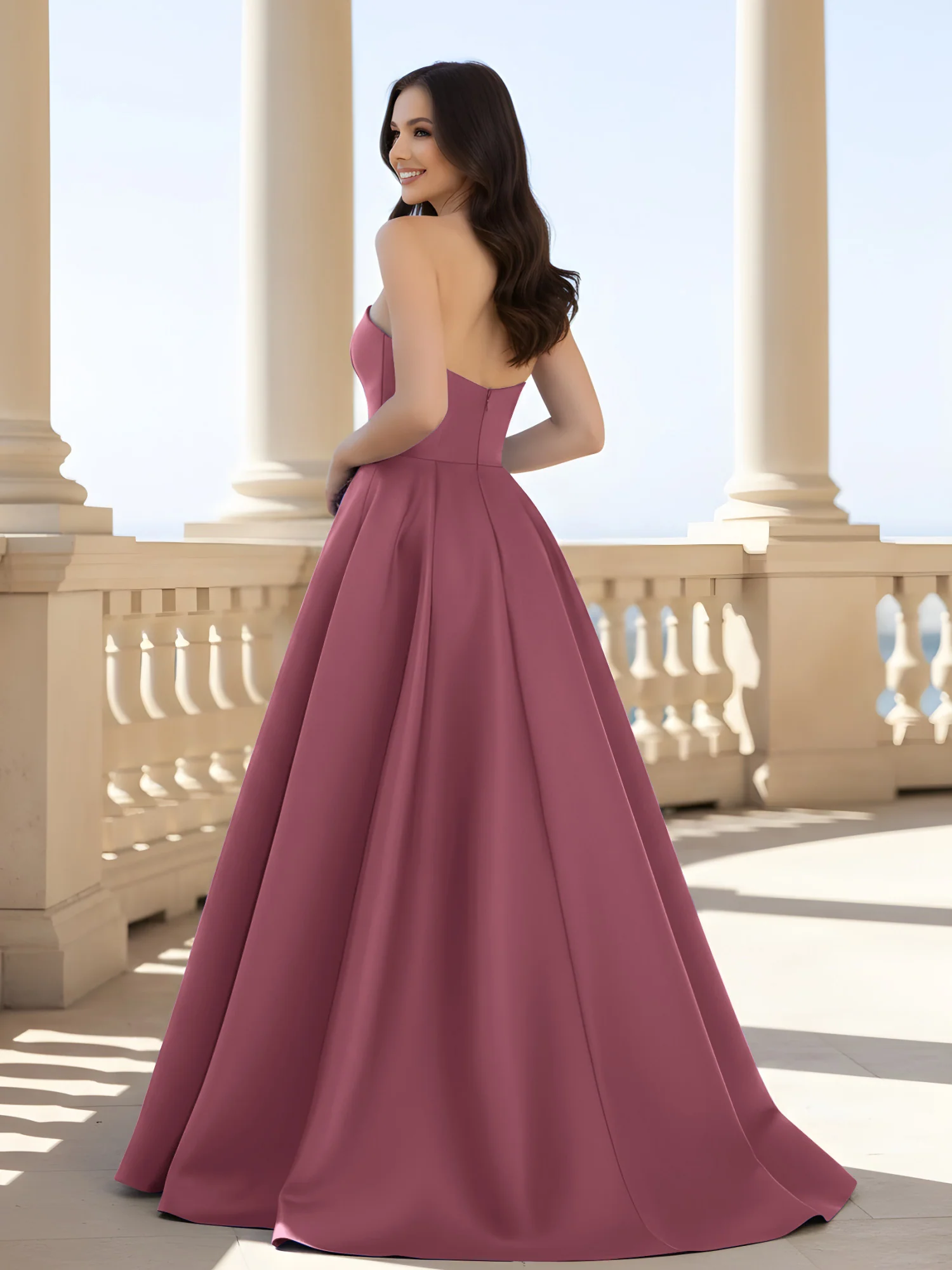 Pleated Strapless A-Line Long Dress With Slit Mulberry - Image 2