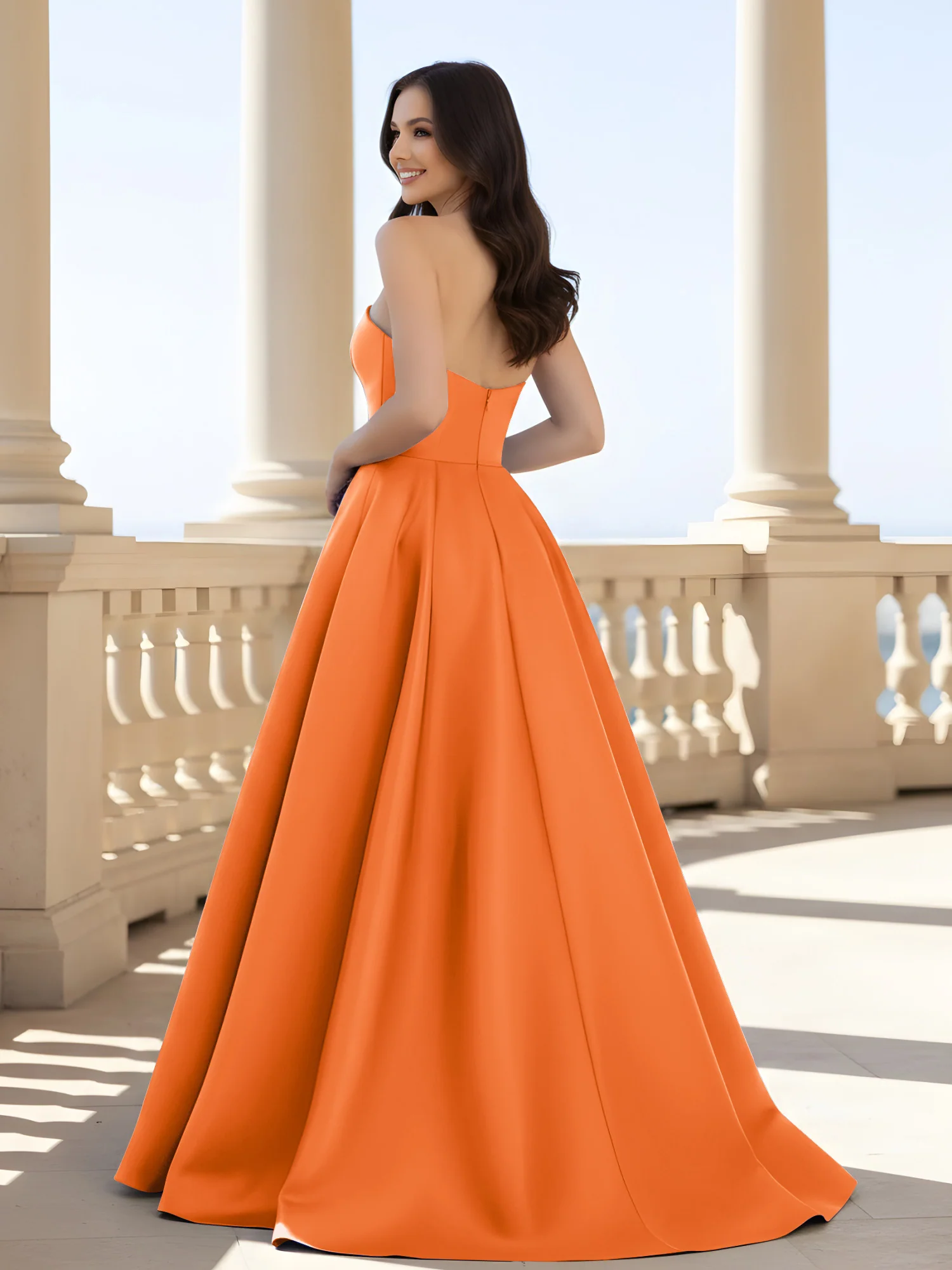 Pleated Strapless A-Line Long Dress With Slit Orange - Image 2