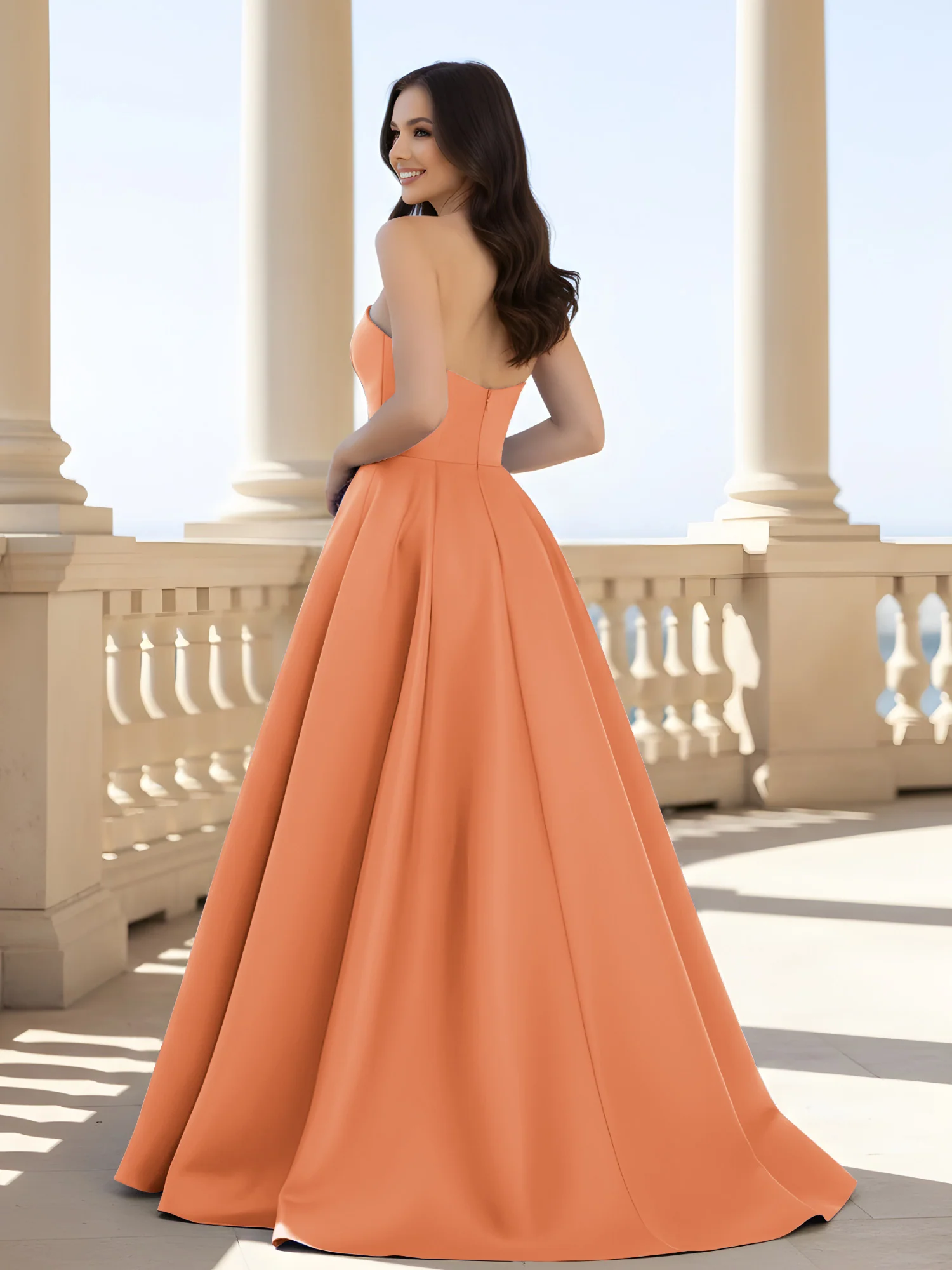 Pleated Strapless A-Line Long Dress With Slit Papaya - Image 2
