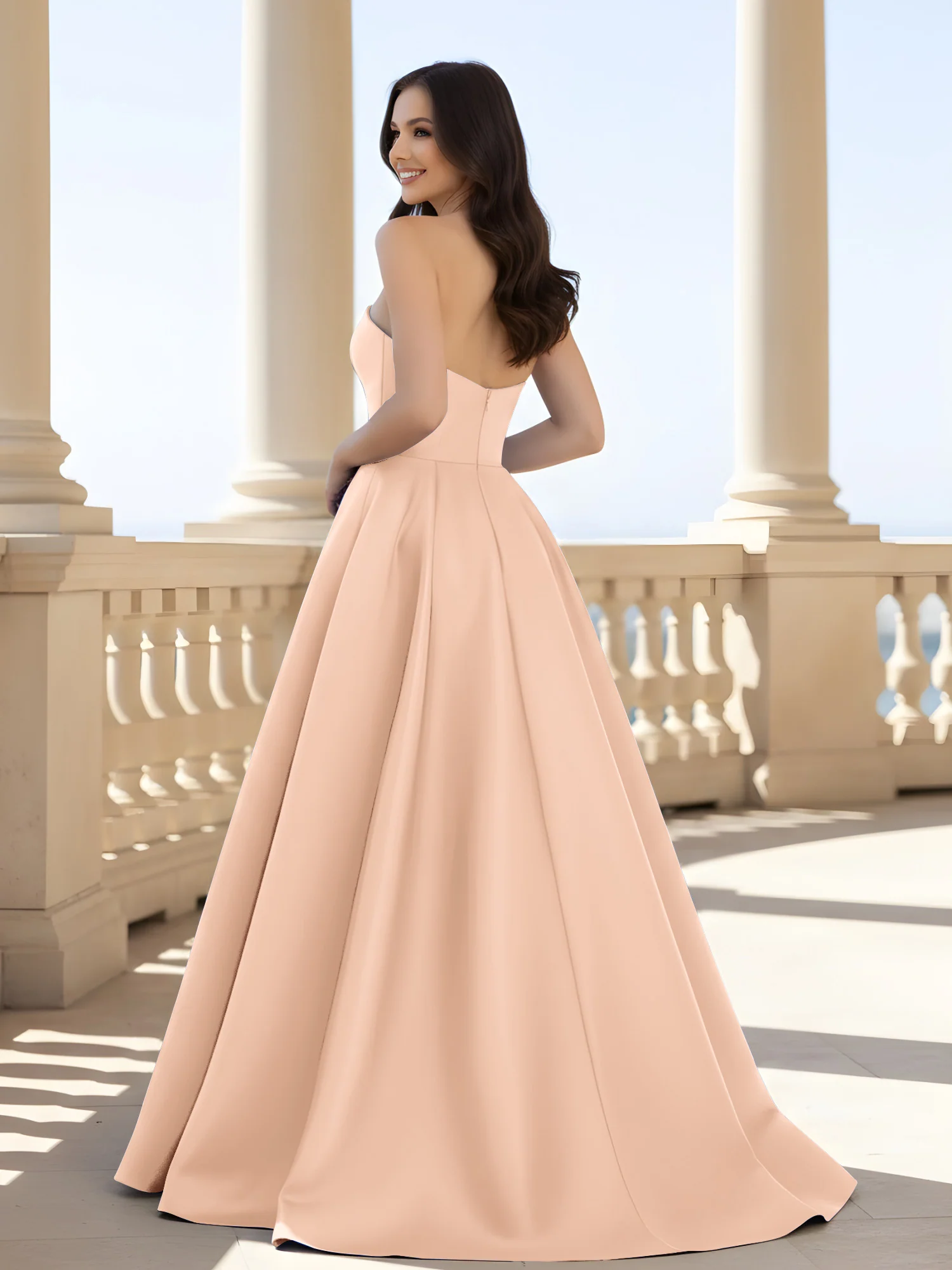 Pleated Strapless A-Line Long Dress With Slit Peach - Image 2