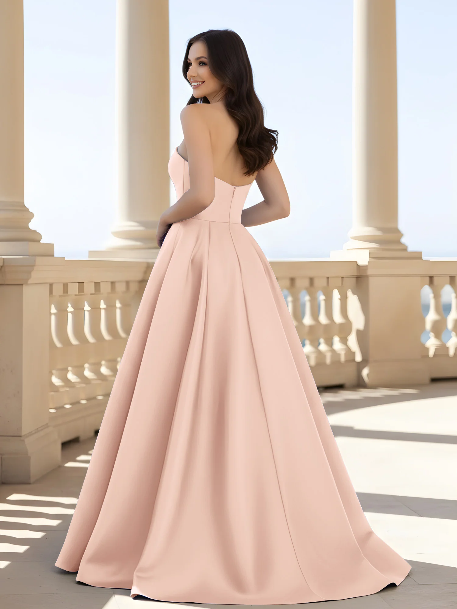 Pleated Strapless A-Line Long Dress With Slit Pearl Pink - Image 2