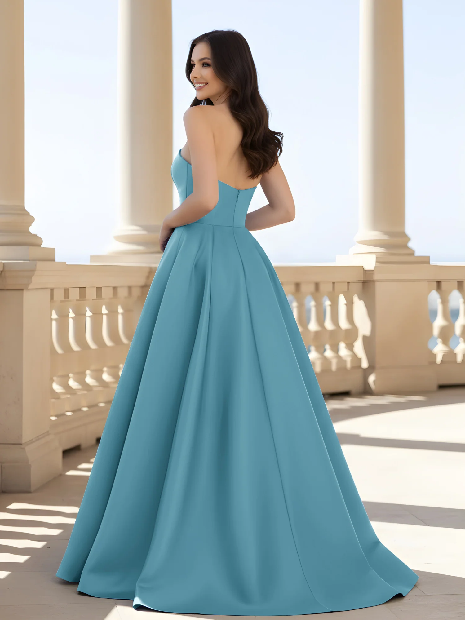 Pleated Strapless A-Line Long Dress With Slit Pool - Image 2