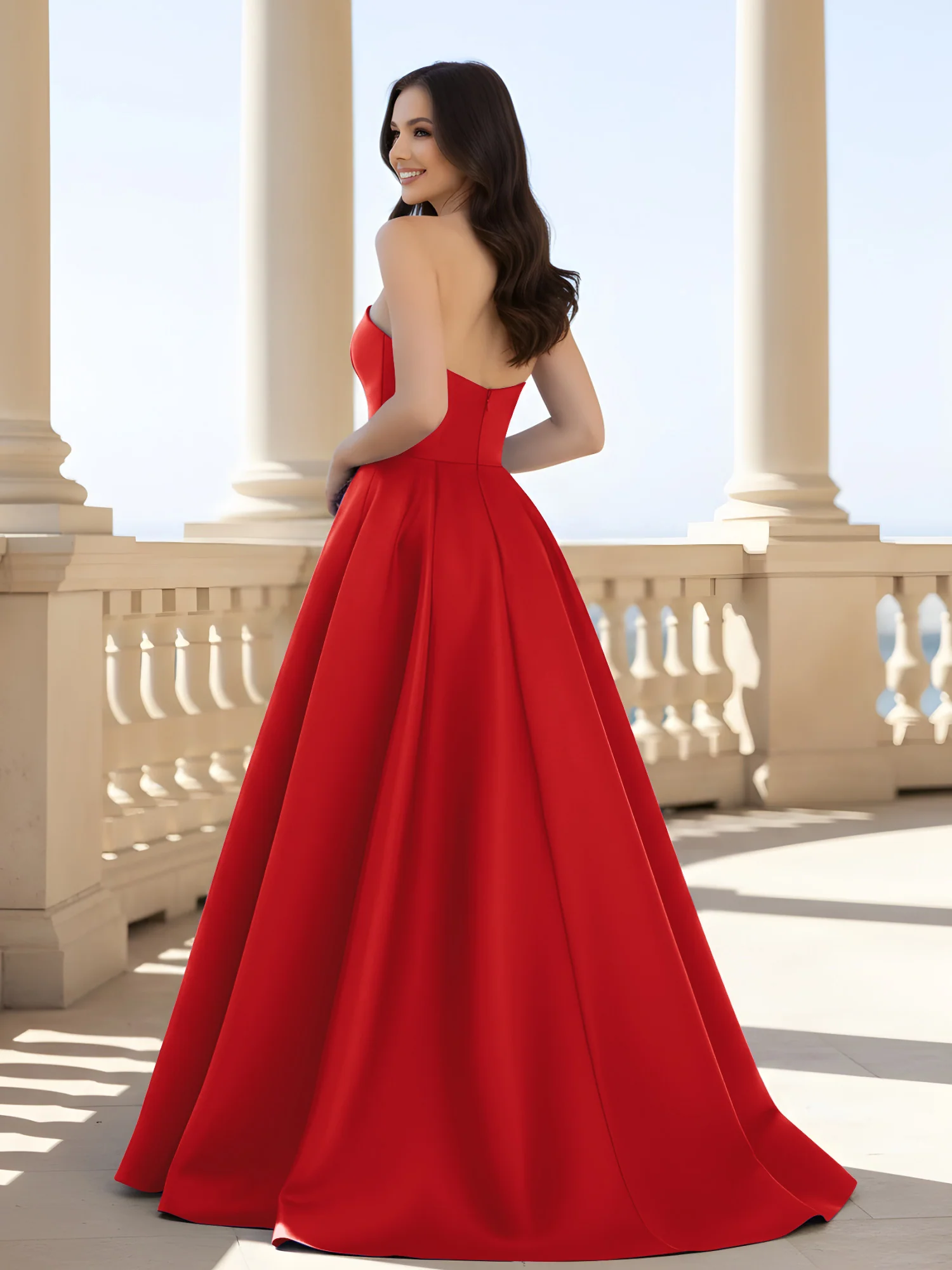 Pleated Strapless A-Line Long Dress With Slit Red - Image 2