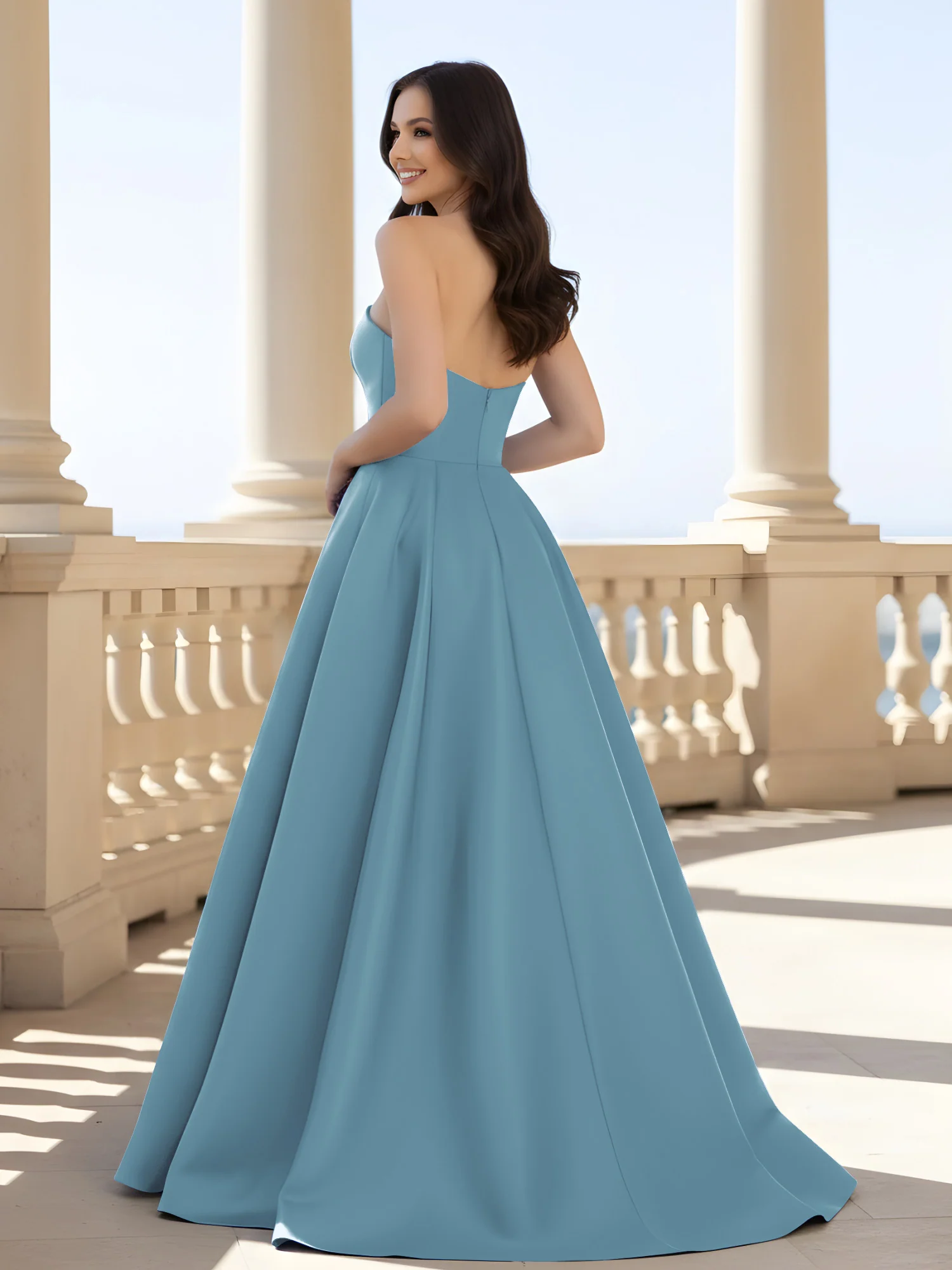 Pleated Strapless A-Line Long Dress With Slit Slate Blue - Image 2