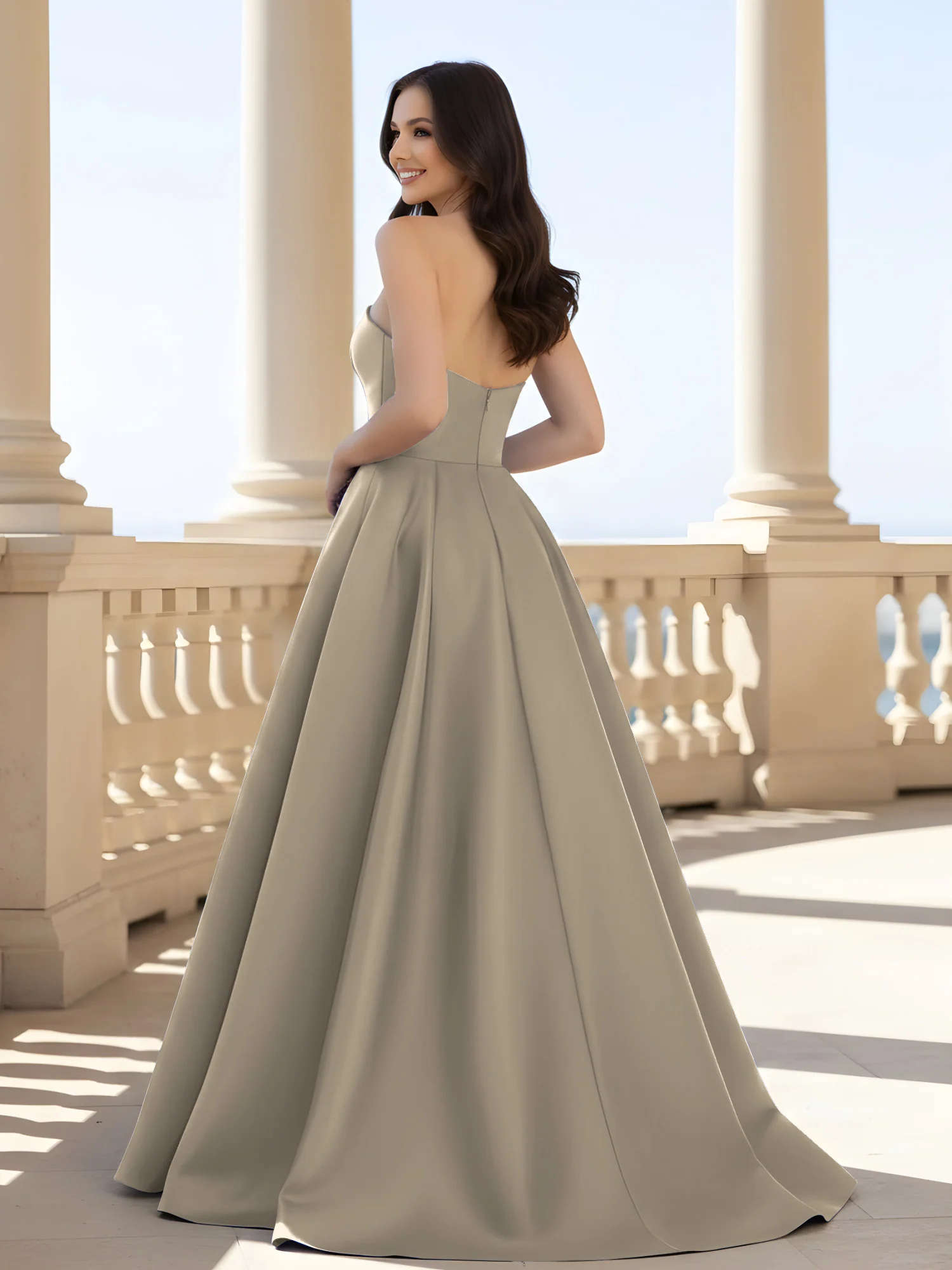 Pleated Strapless A-Line Long Dress With Slit Taupe - Image 2