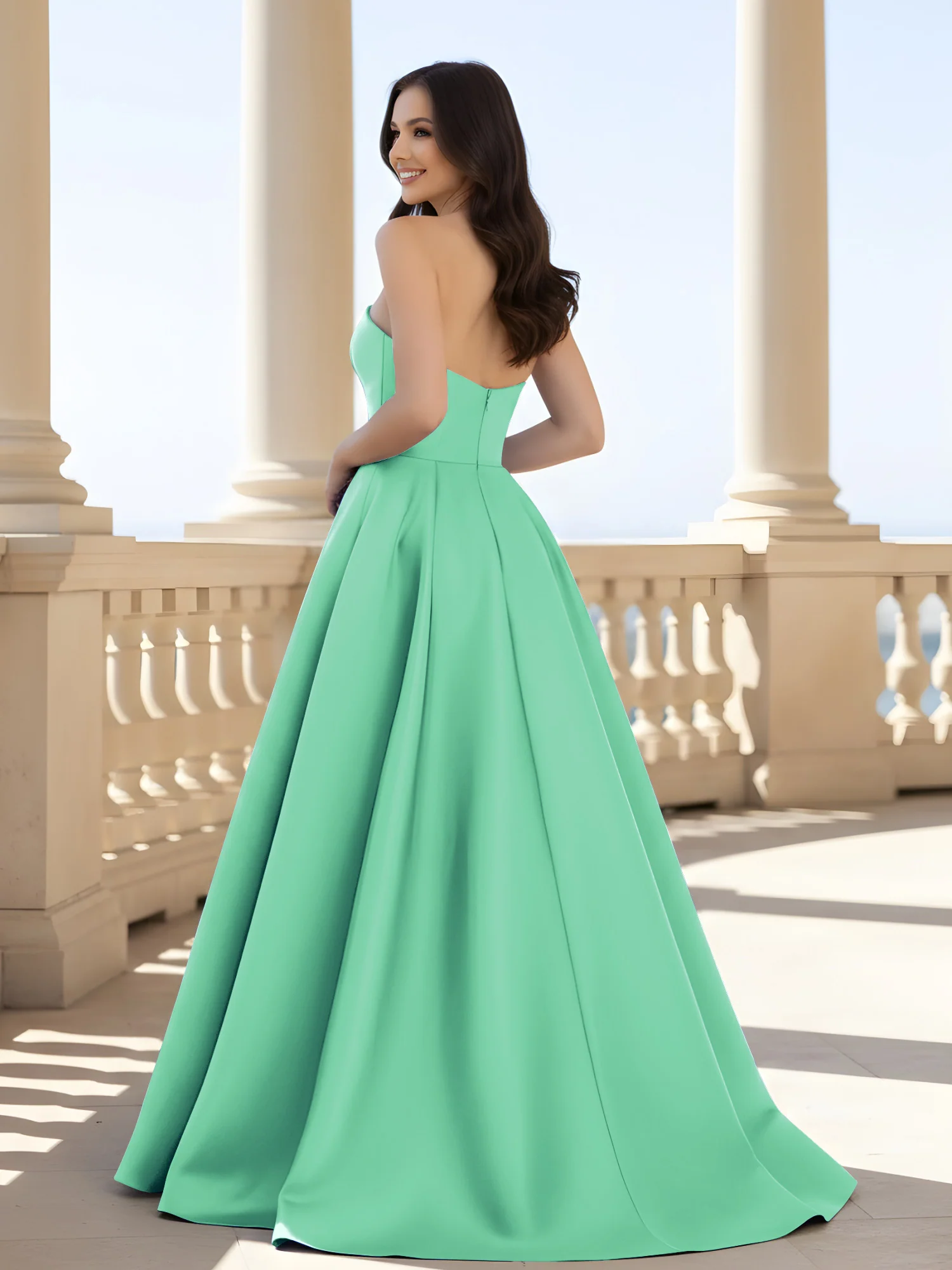 Pleated Strapless A-Line Long Dress With Slit Turquoise - Image 2