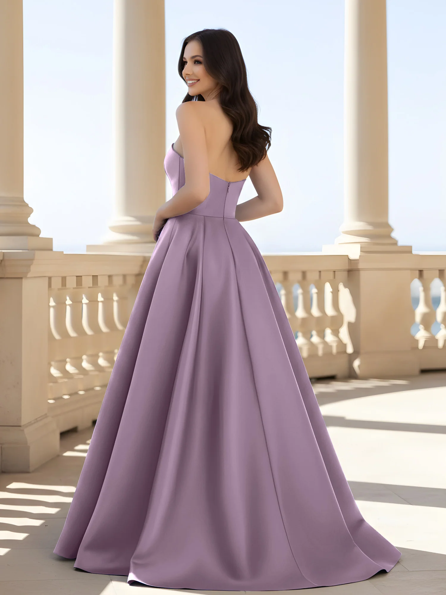 Pleated Strapless A-Line Long Dress With Slit Wisteria - Image 2