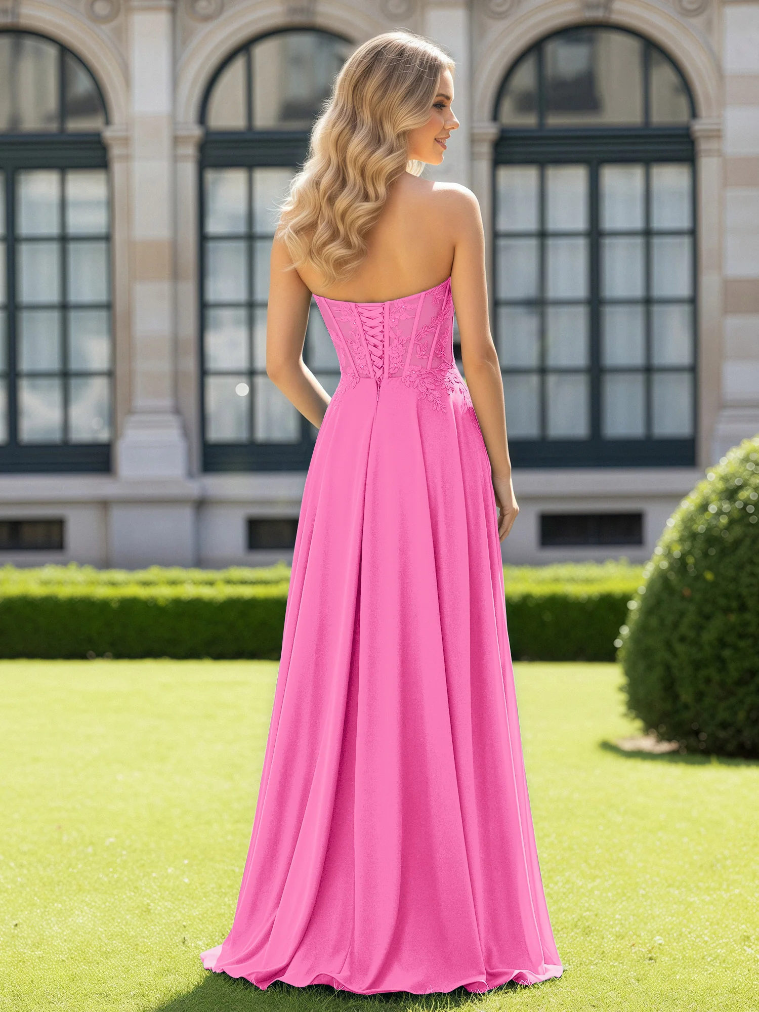 Pleated Sweetheart Applique Corset Dress With Slit Azalea - Image 2
