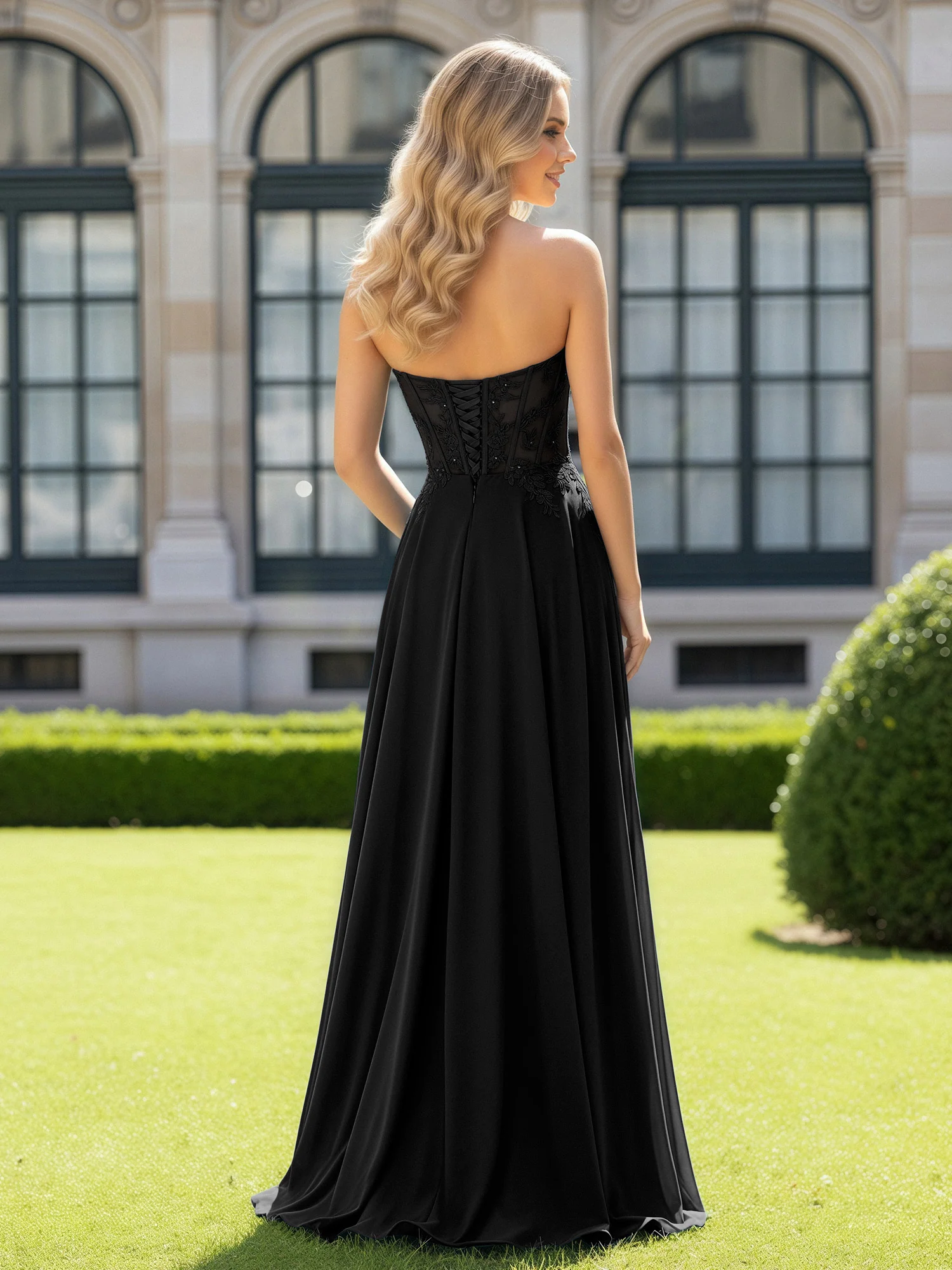 Pleated Sweetheart Applique Corset Dress With Slit Black - Image 2