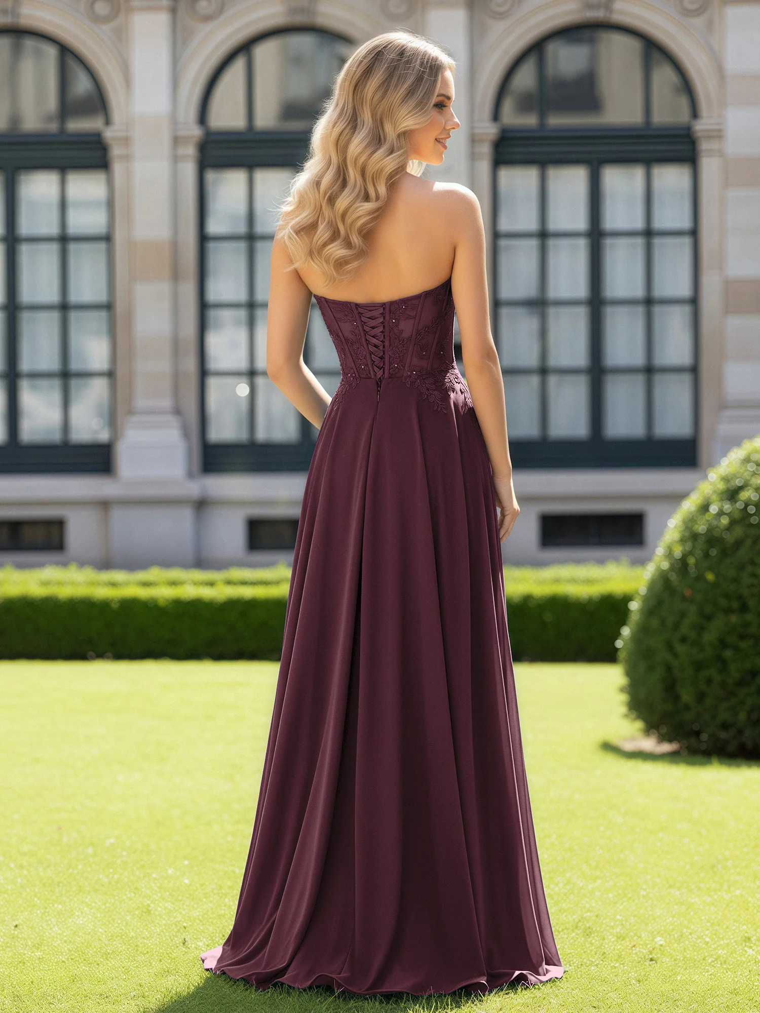 Pleated Sweetheart Applique Corset Dress With Slit Cabernet - Image 2